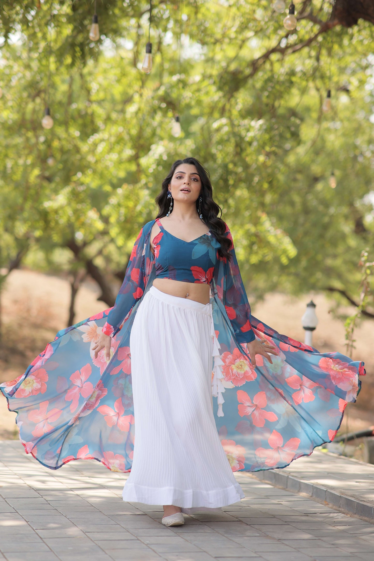 Faux Georgette Lehenga Choli with Digital Flower Print Shrug