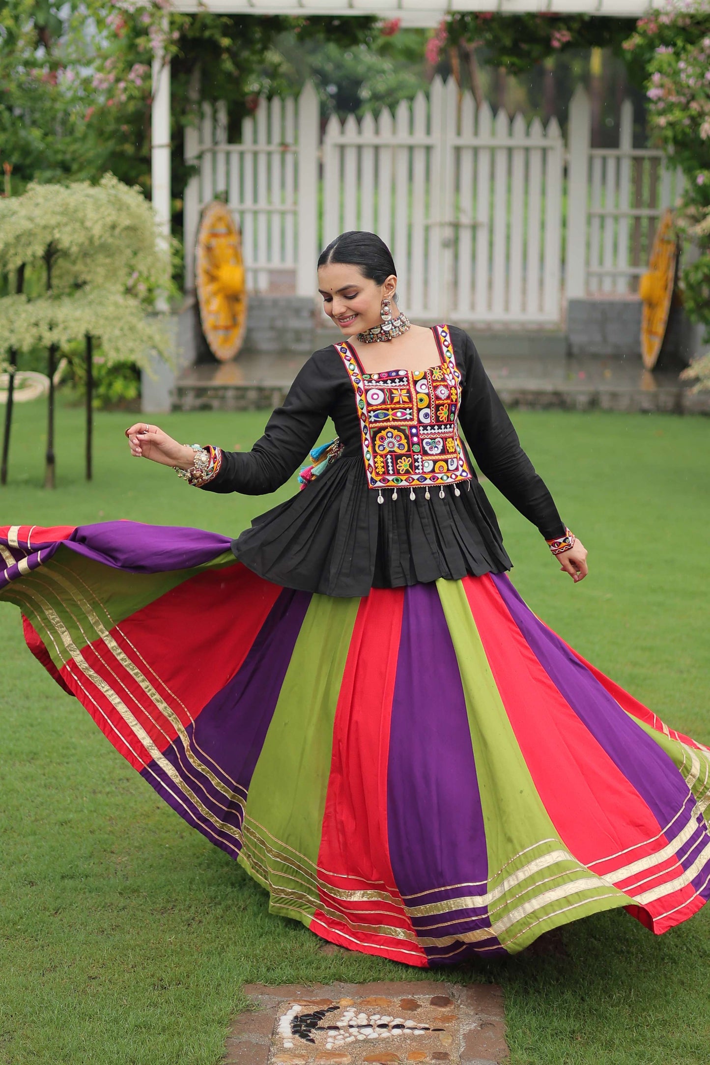 Multicolor Navratri Lehenga Choli Set with Black Peplum Top