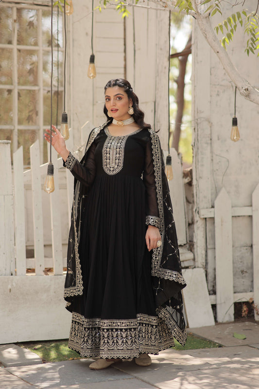 Black Faux Blooming Sequins Embroidered Gown with Matching Dupatta  Festive & Party Wear 2024