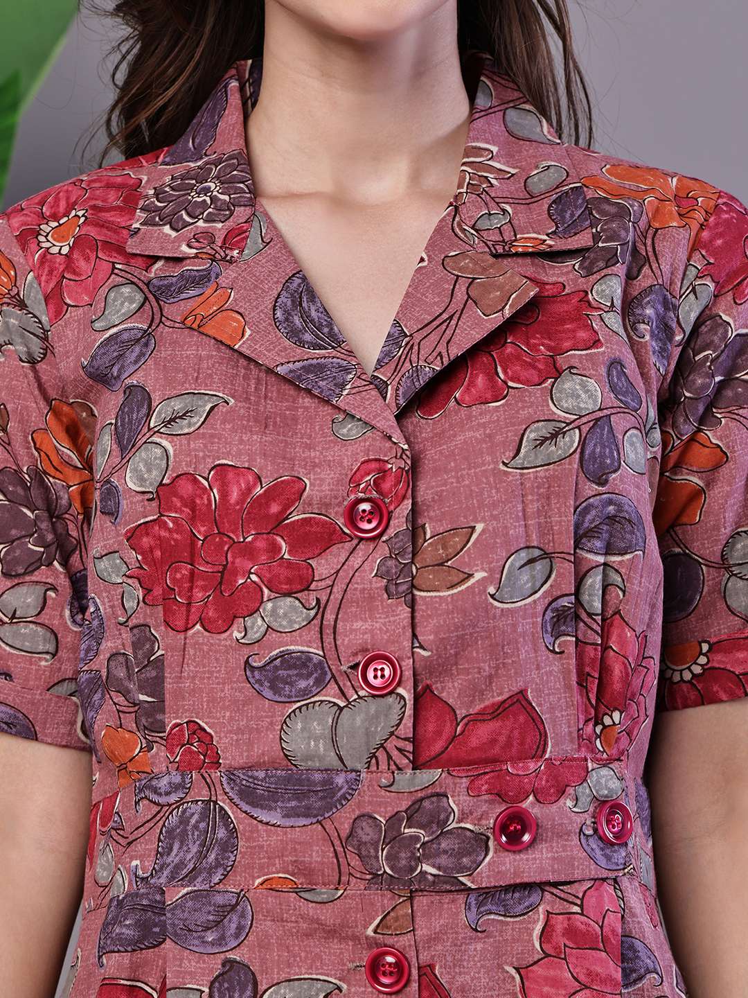 Women's Pink Floral Cotton Pleated Midi Dress with Collar