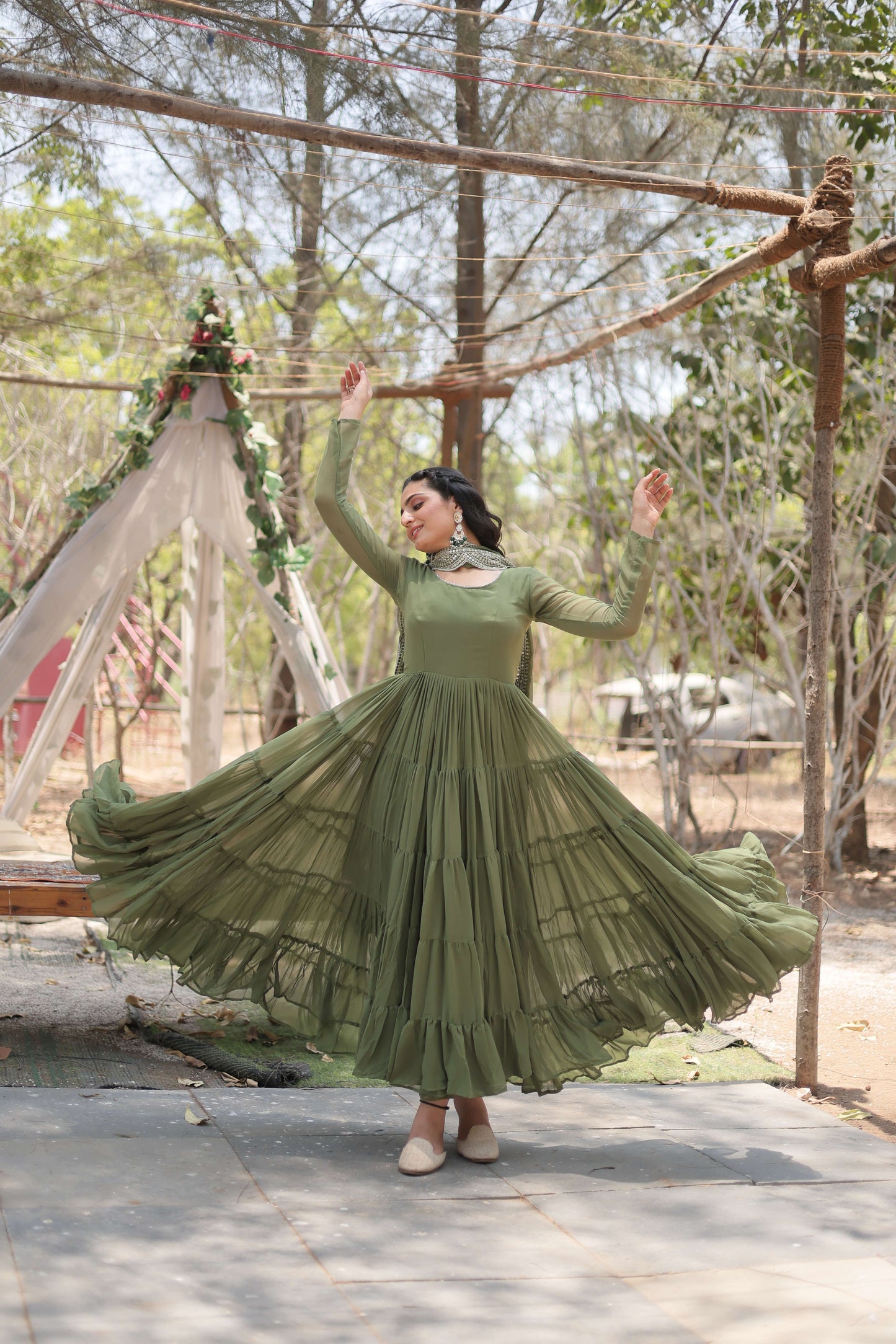 Mehandi Premium Faux Georgette Designer Gown with Sequined Dupatta  Fully Flaired Ready-to-Wear Set