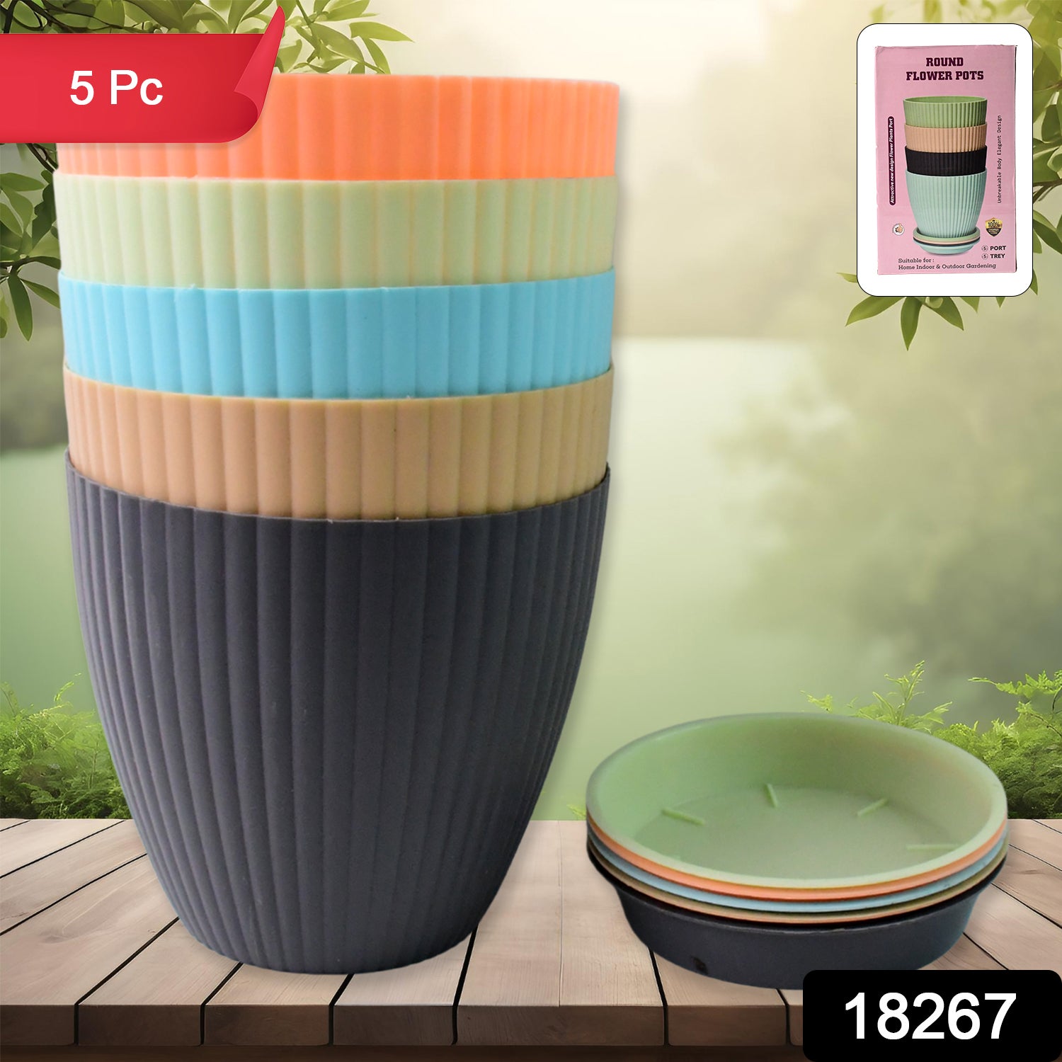 Plastic Flower Pot With Bottom Tray (5 Pcs Set)