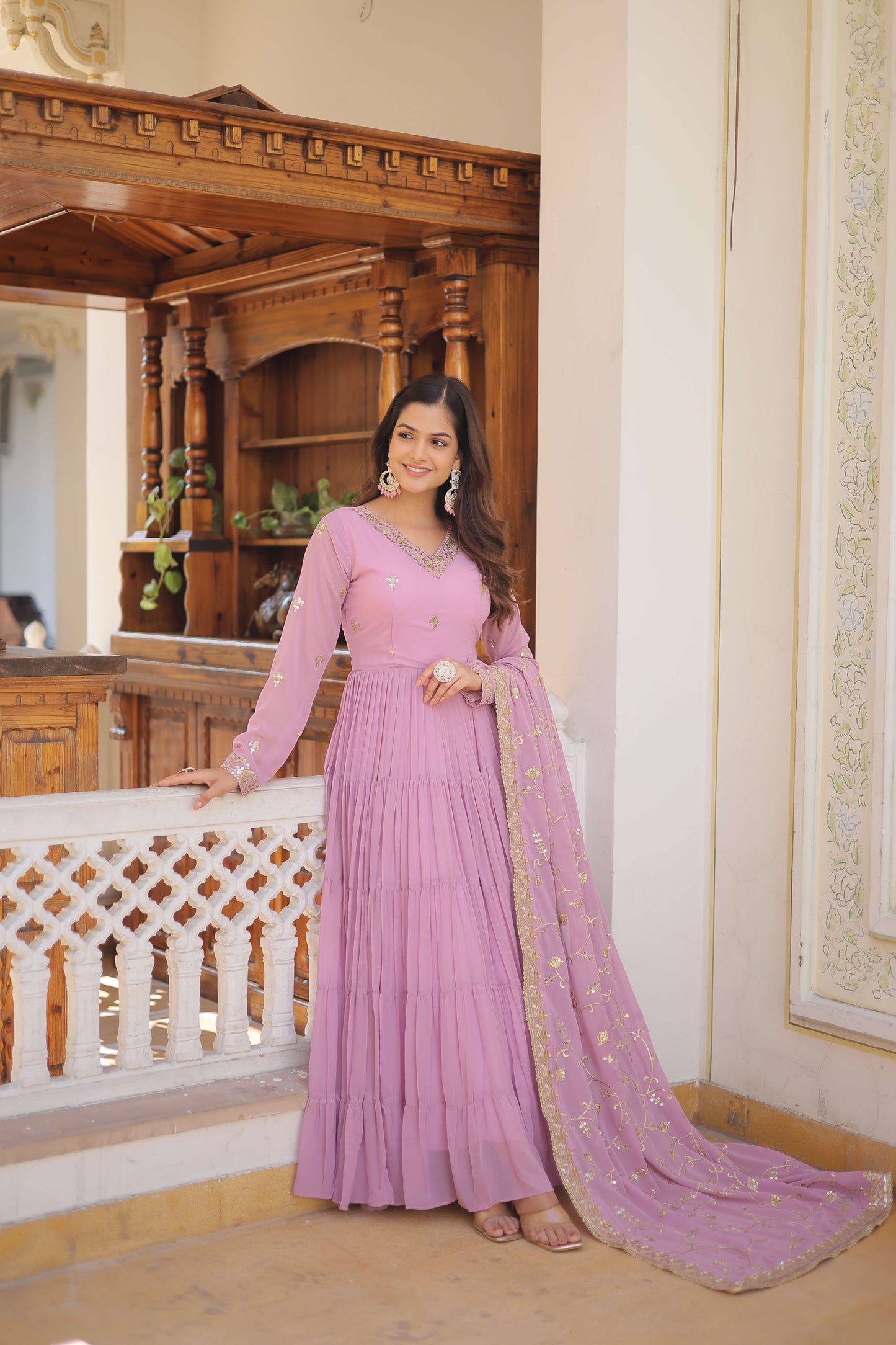 Purple Faux Georgette Designer Gown with Sequined Dupatta  Fully Flared Elegant Ready-to-Wear Set