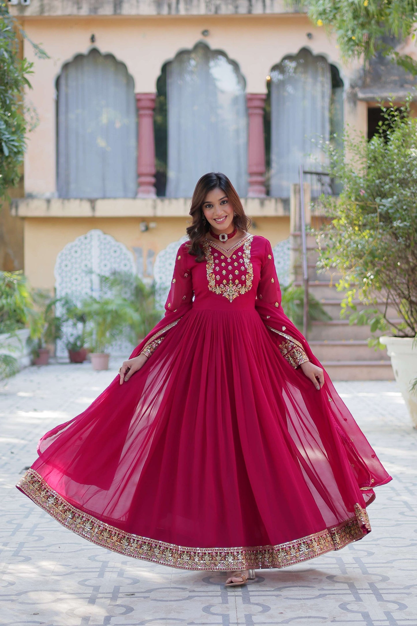 Pink Faux Blooming Georgette Sequins Embroidered Gown with Matching Dupatta