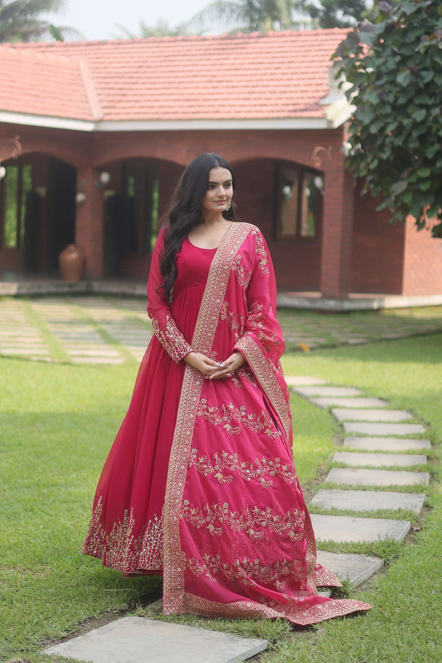 Pink Faux Blooming Designer Gown with Sequined Dupatta  Elegant Fully Flared Party & Wedding Set