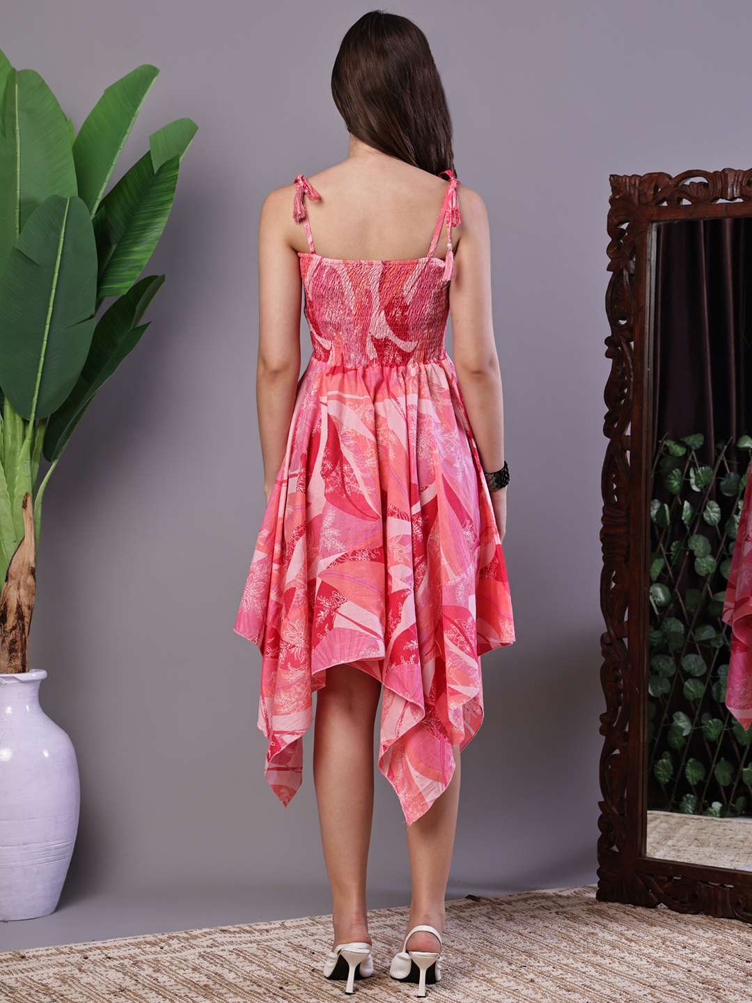 Women's Pink Printed Cotton Handkerchief Hem Midi Dress Midi Dresses