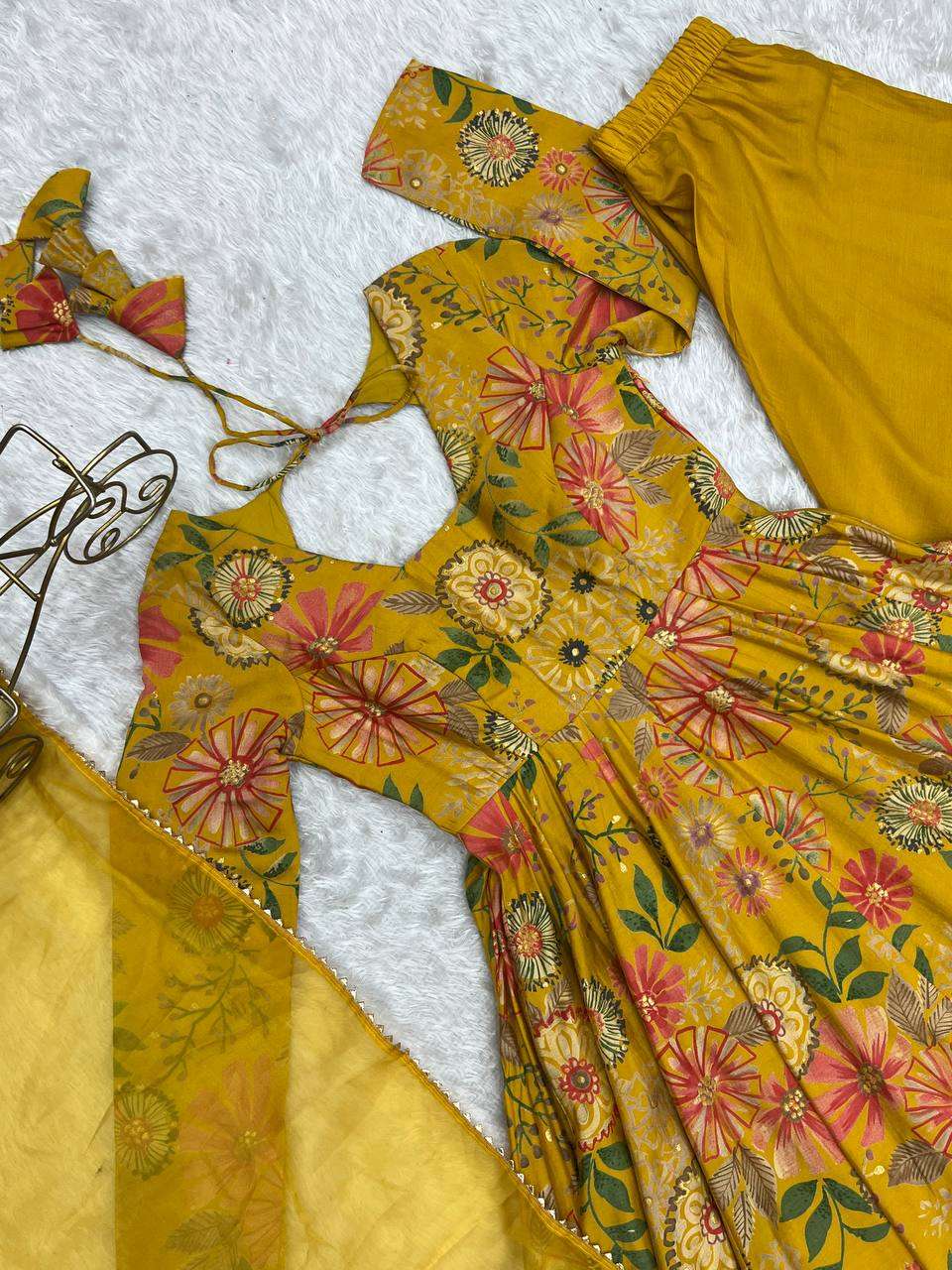 Women's Pure Romansilk Chanderi Printed Anarkali Kurti With Palazzo & Dupatta Set
