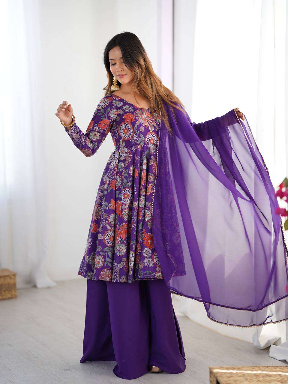 Women's Pure Romansilk Chanderi Printed Anarkali Kurti With Palazzo & Dupatta Set