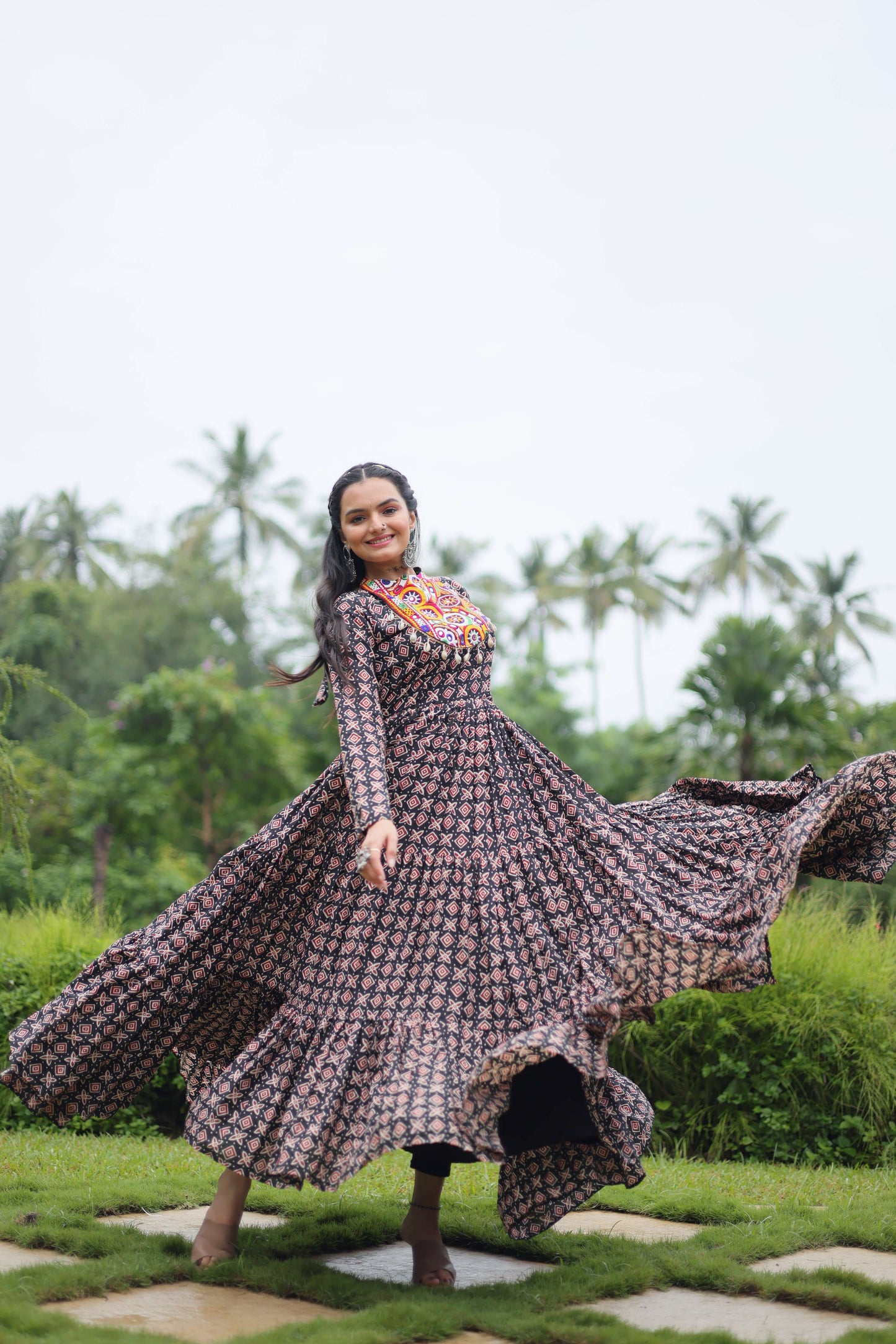 Black Designer Printed Cotton Gown with Kutchi Gamthi Lace & Kodi Work  Maroon