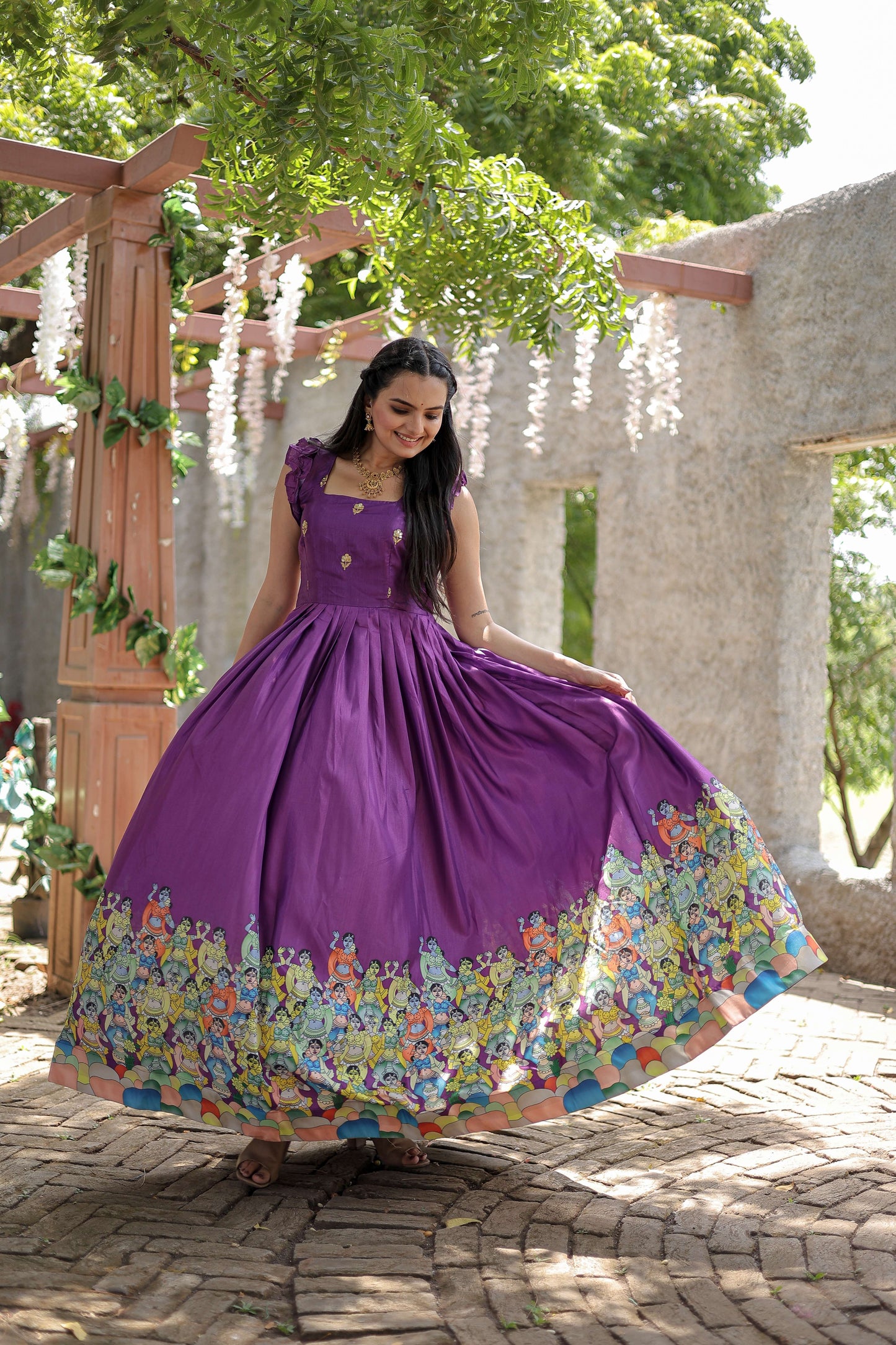 Wine Designer Dola Silk Printed Gown  Sleeveless Fancy Square Neck Ready-to-Wear Dress