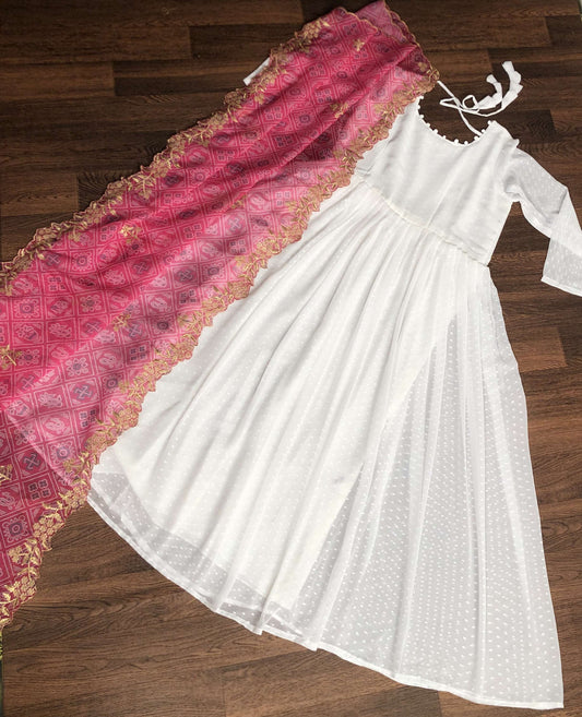 Elegant White And Pink Georgette Gown with Soft Organza Dupatta  Premium Designer Ready-to-Wear Set