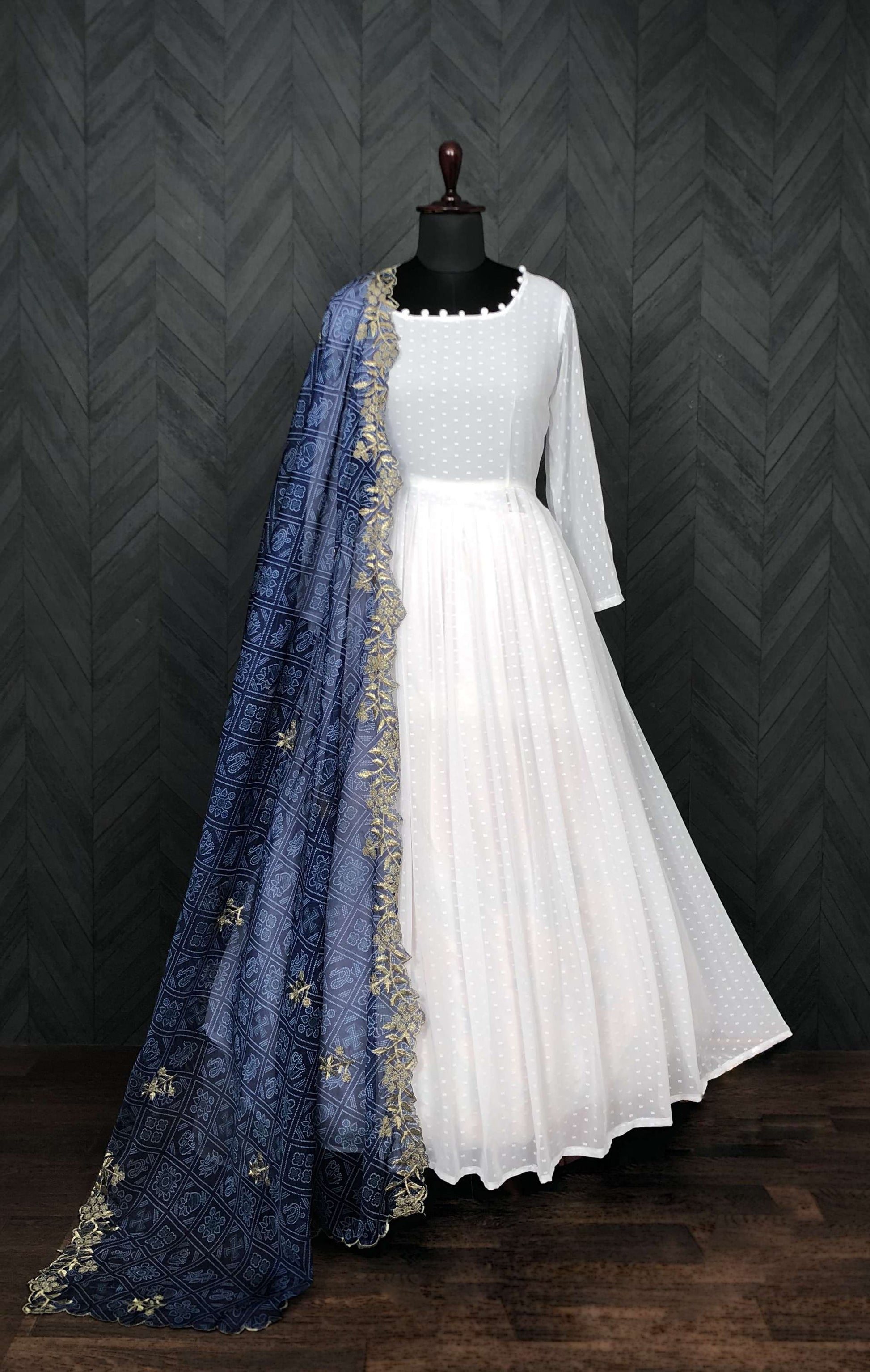 Elegant White And Blue Georgette Gown with Soft Organza Dupatta  Premium Designer Ready-to-Wear Set