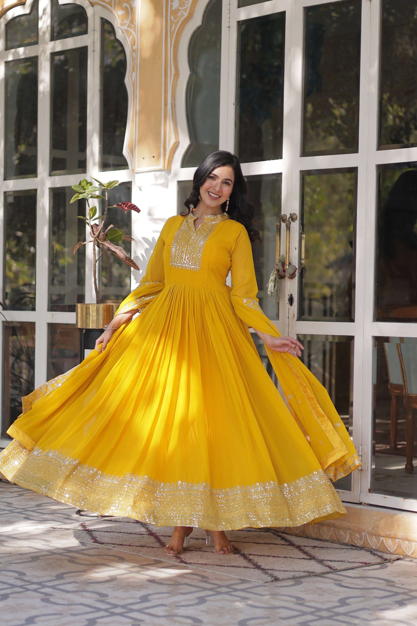 Yellow Faux Blooming Georgette Sequins Embroidered Gown with Matching Dupatta