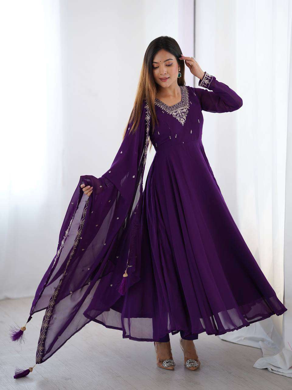 Womens Fox Georgette Anarkali Kurti with Pant & Dupatta Set