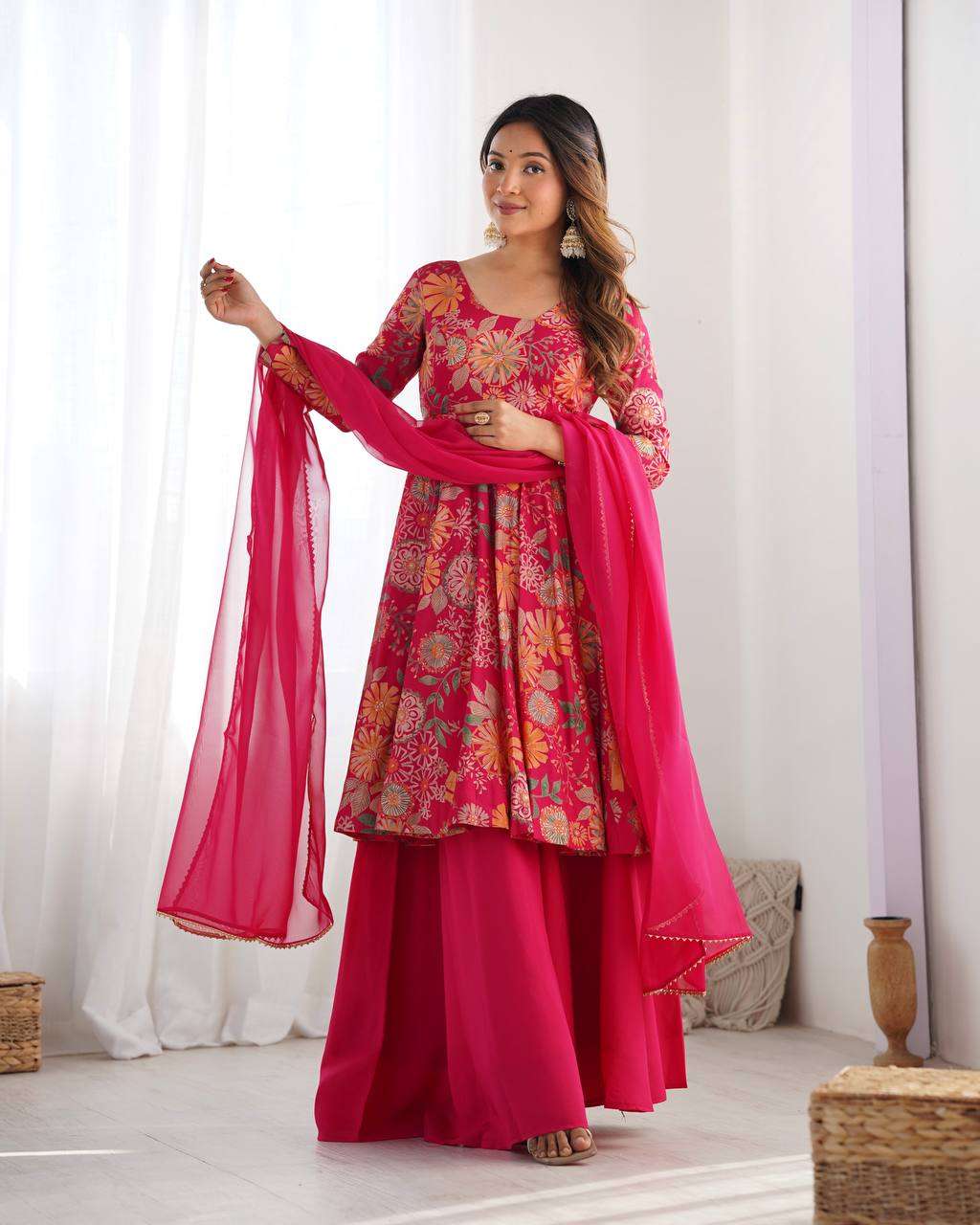 Women's Pure Romansilk Chanderi Printed Anarkali Kurti With Palazzo & Dupatta Set