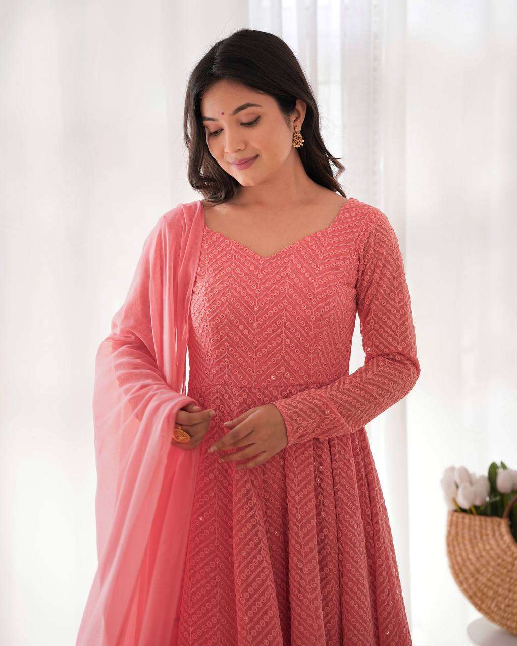Womens Pure Romansilk Chanderi Embroidered Anarkali Kurti With Dupatta & Pant Set