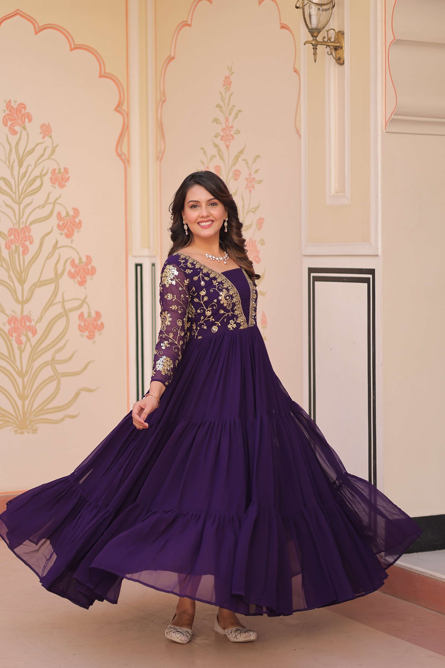 Purple Premium Faux Blooming Sequins & Zari Embroidered Gown – Partywear