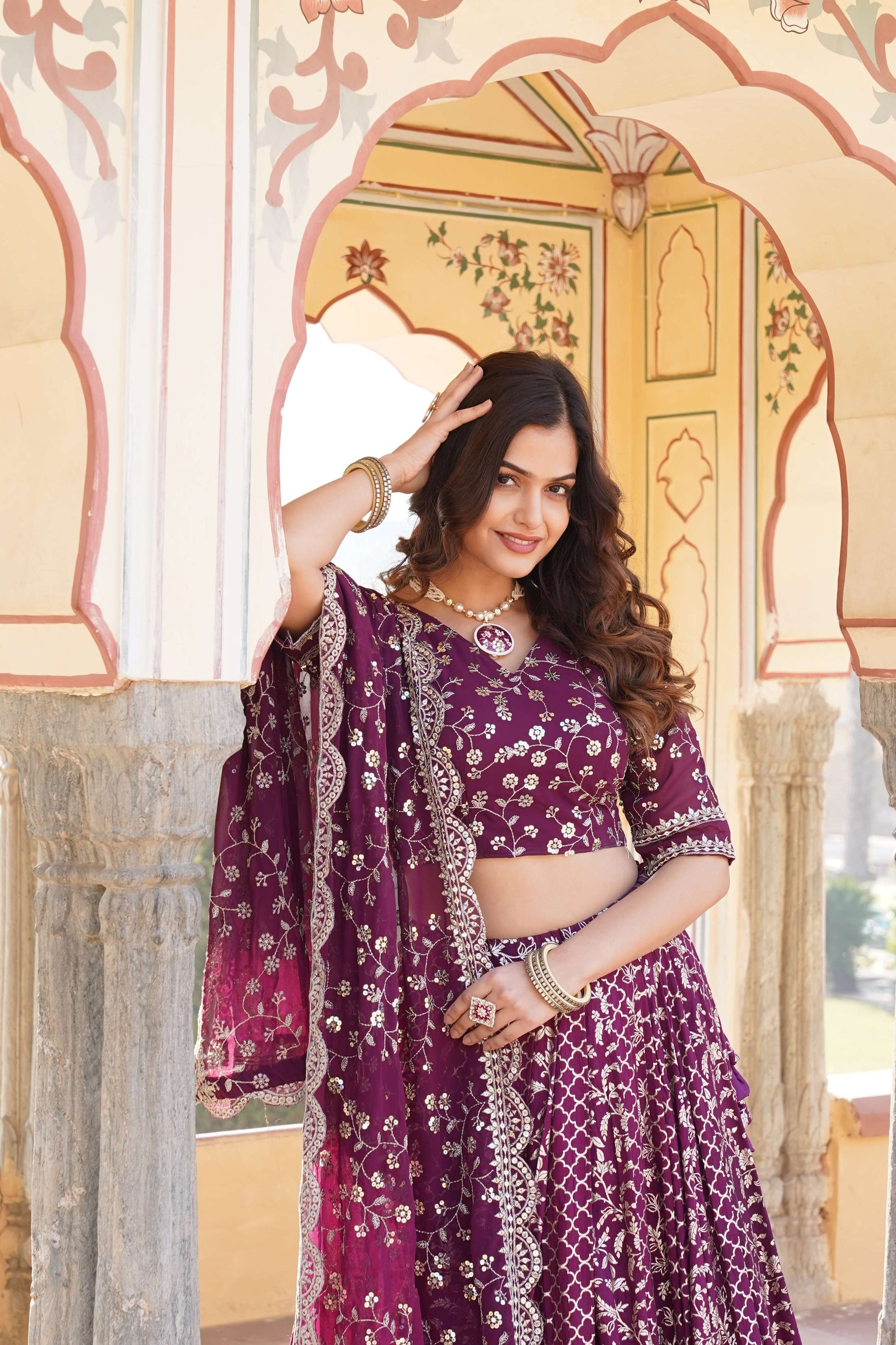 Designer Pure Viscose Jacquard Lehenga Choli with Sequins Dupatta 