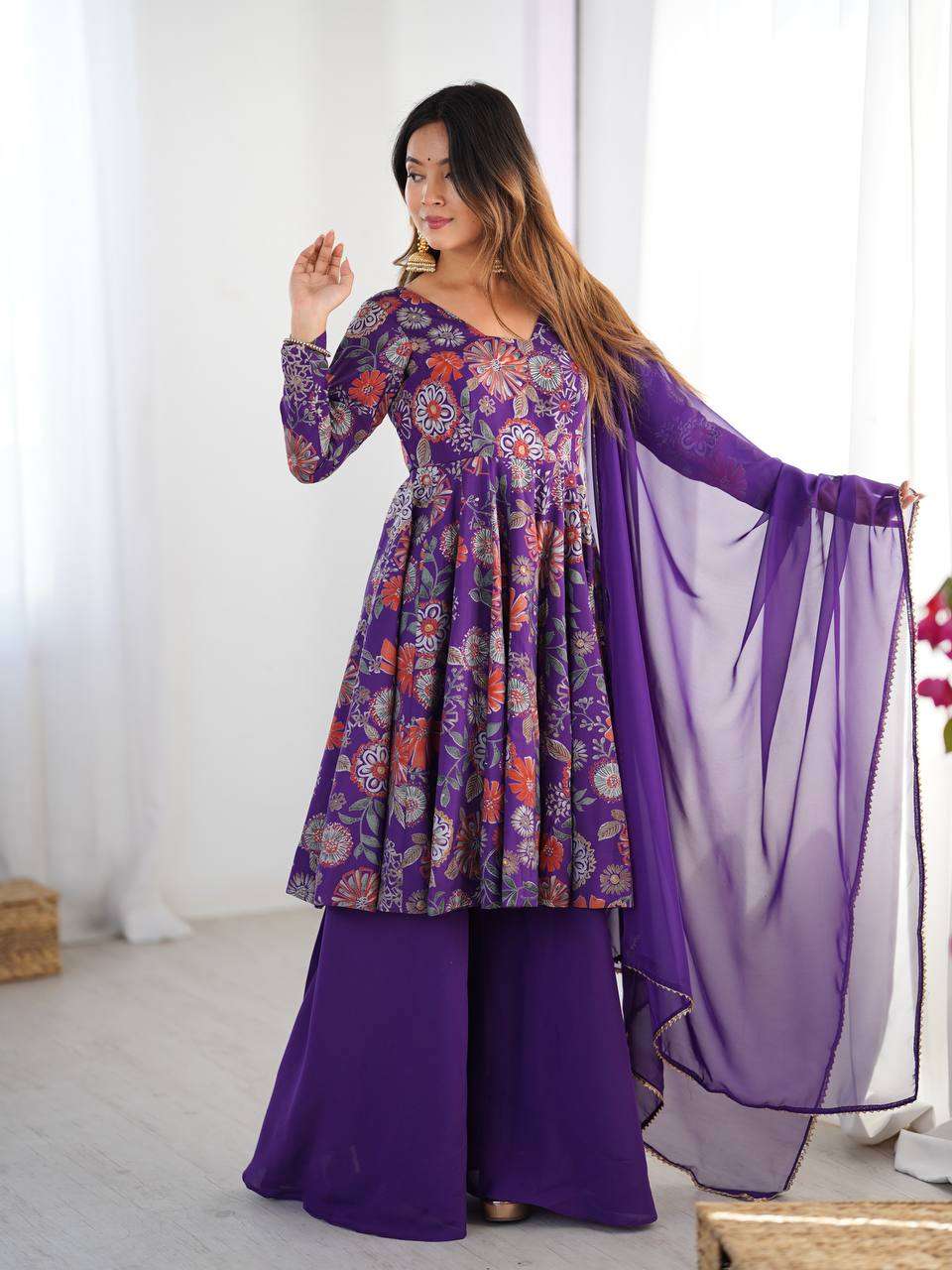 Women's Pure Romansilk Chanderi Printed Anarkali Kurti With Palazzo & Dupatta Set
