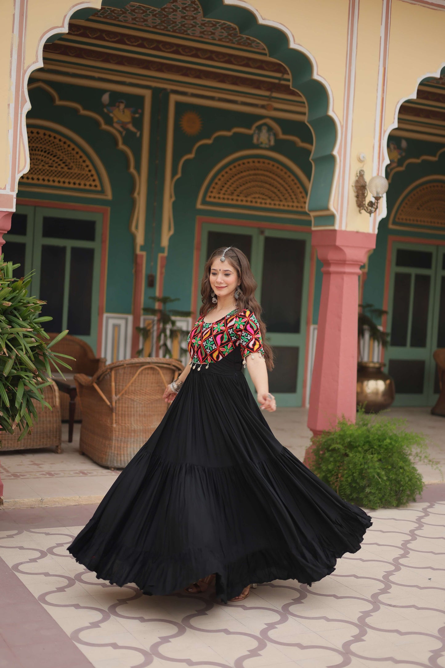 Black Elegant Kutchi Gamthi Work Reyon Gown with Heavy Flair