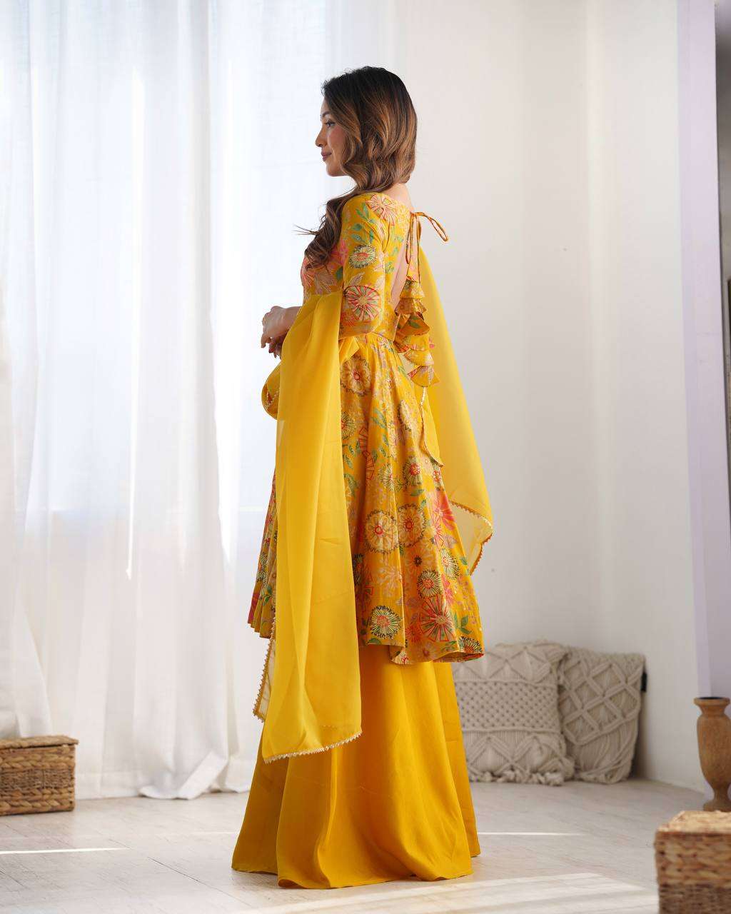 Women's Pure Romansilk Chanderi Printed Anarkali Kurti With Palazzo & Dupatta Set