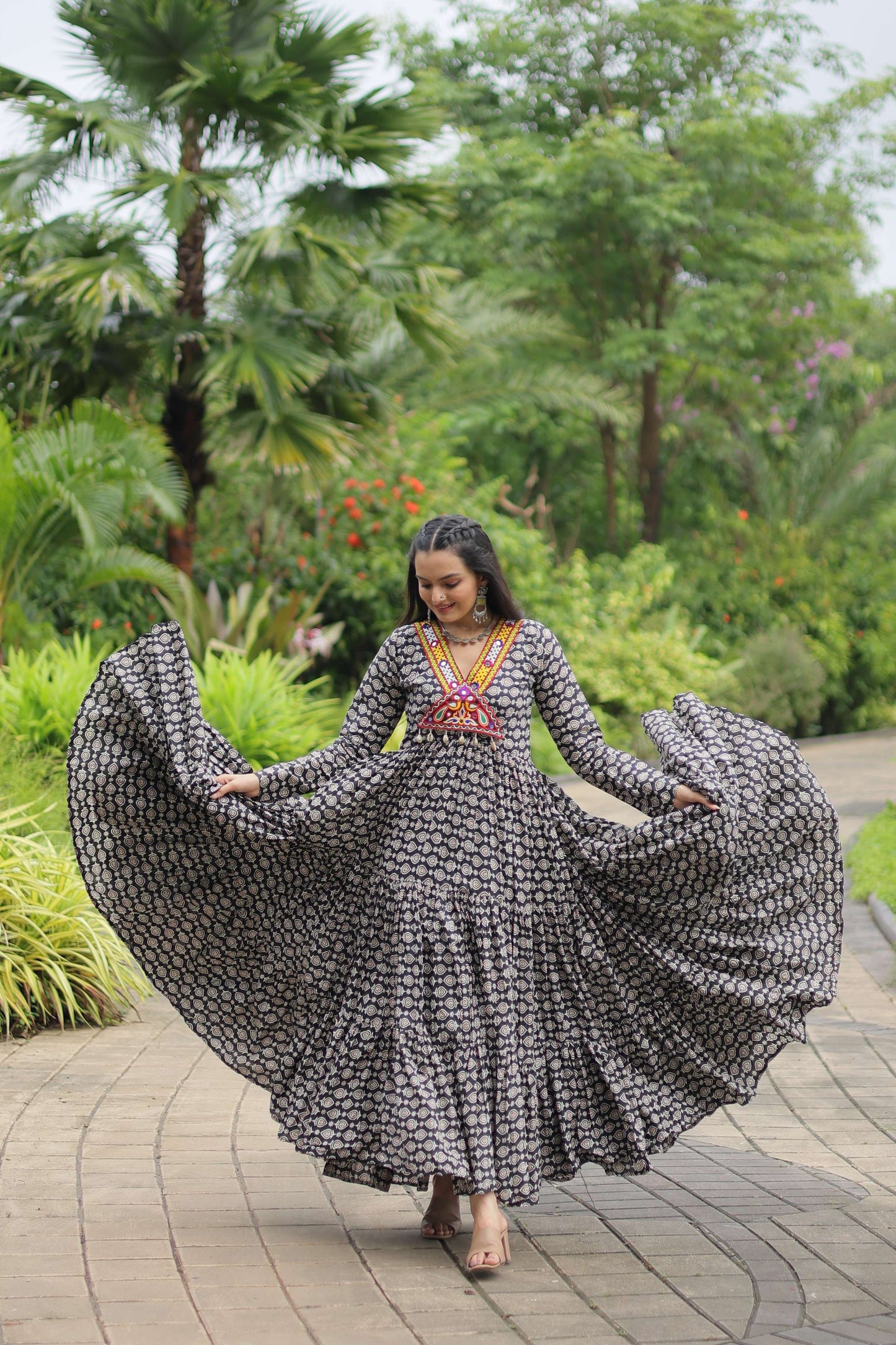 Black Designer Printed Cotton Gown with Kutchi Gamthi Lace & Kodi Work