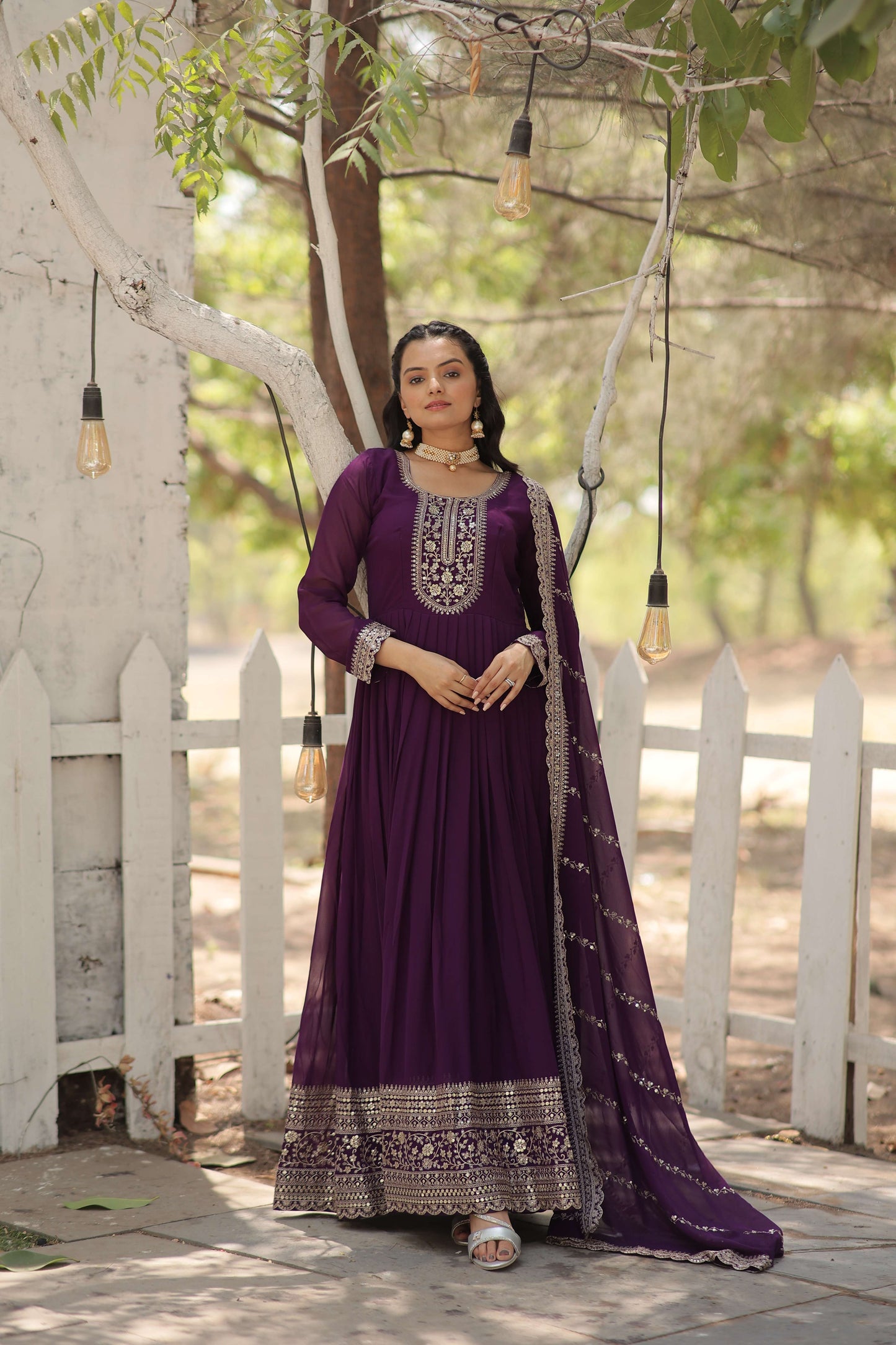 Purple Faux Blooming Sequins Embroidered Gown with Matching Dupatta  Festive & Party Wear 2024