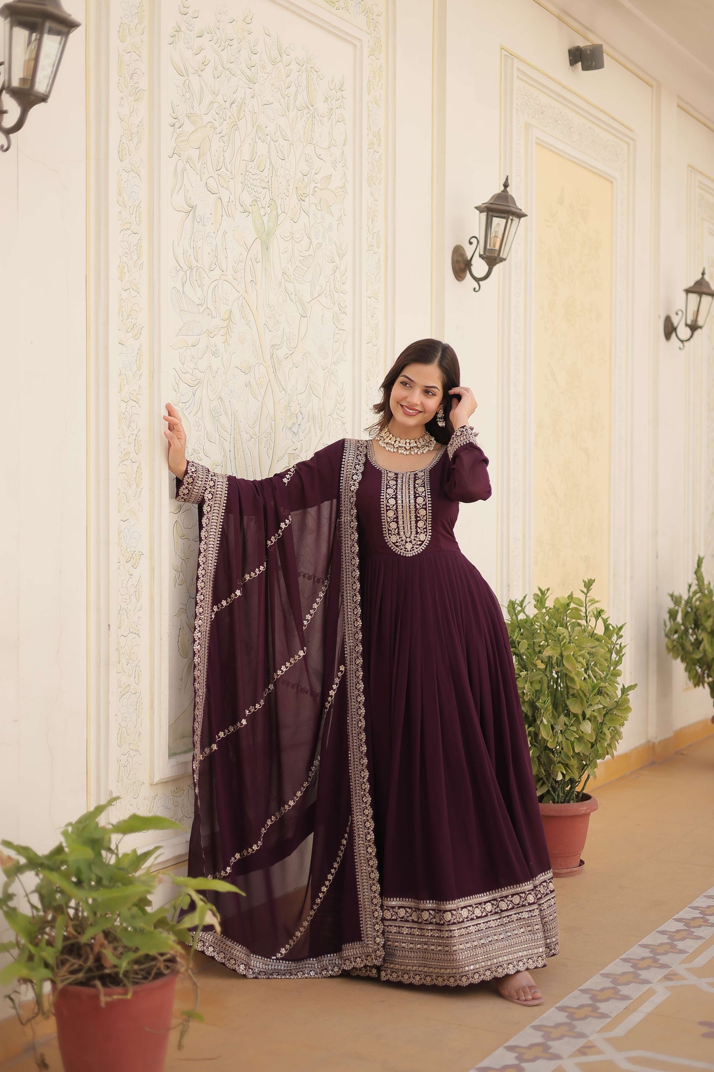 Wine Faux Blooming Sequins Embroidered Gown with Matching Dupatta  Festive & Party Wear 2024
