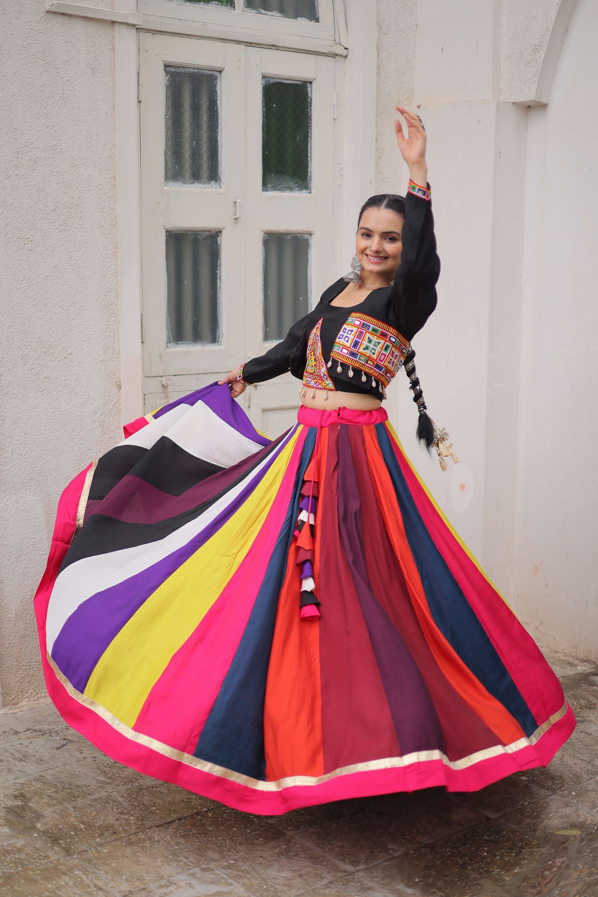 Multicolor Roman Fabric Navratri Lehenga Choli Set with Mirror & Gota Lace