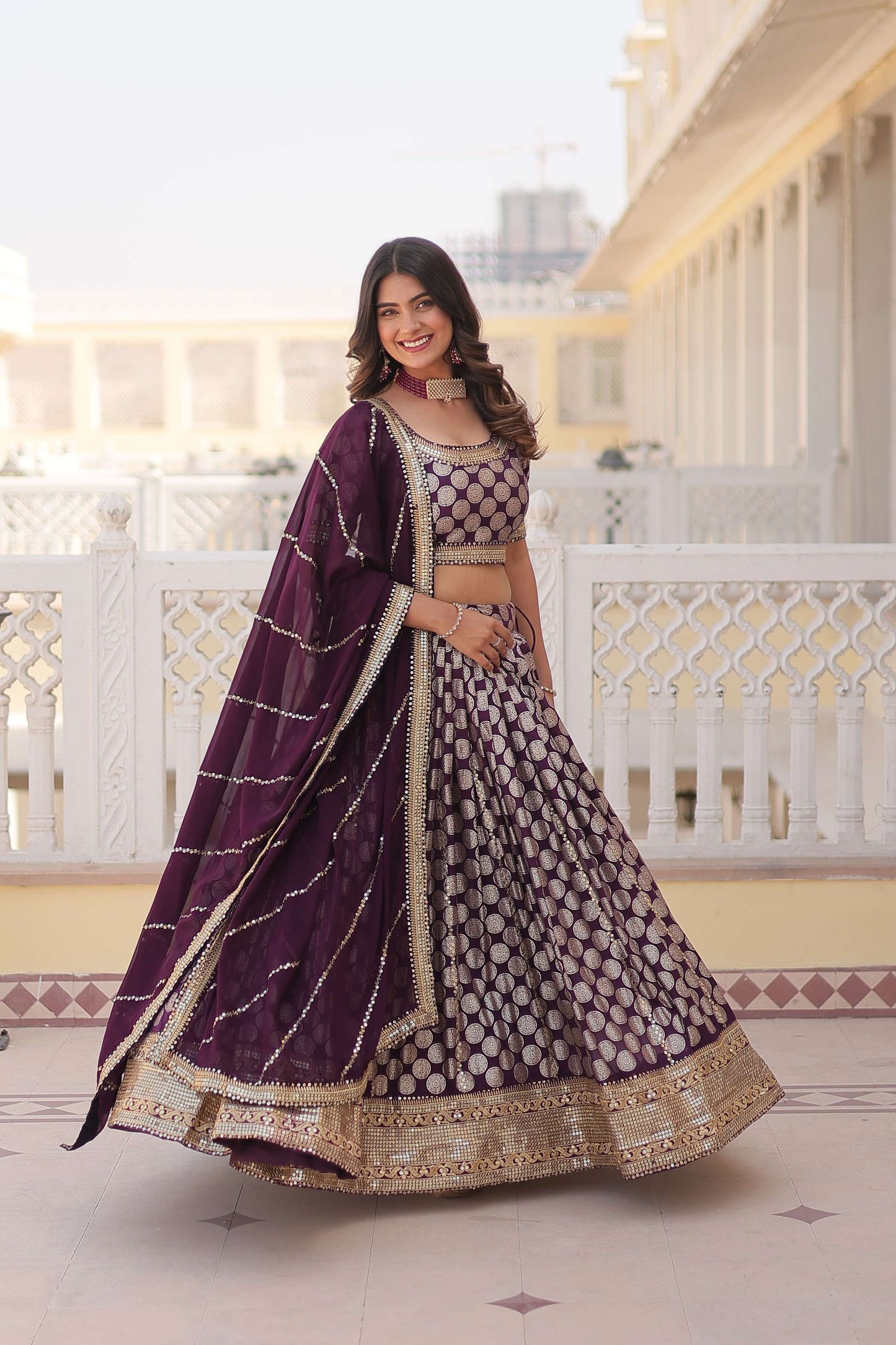 Designer Dyable Viscose Jacquard Lehenga Choli with Sequins Dupatta
