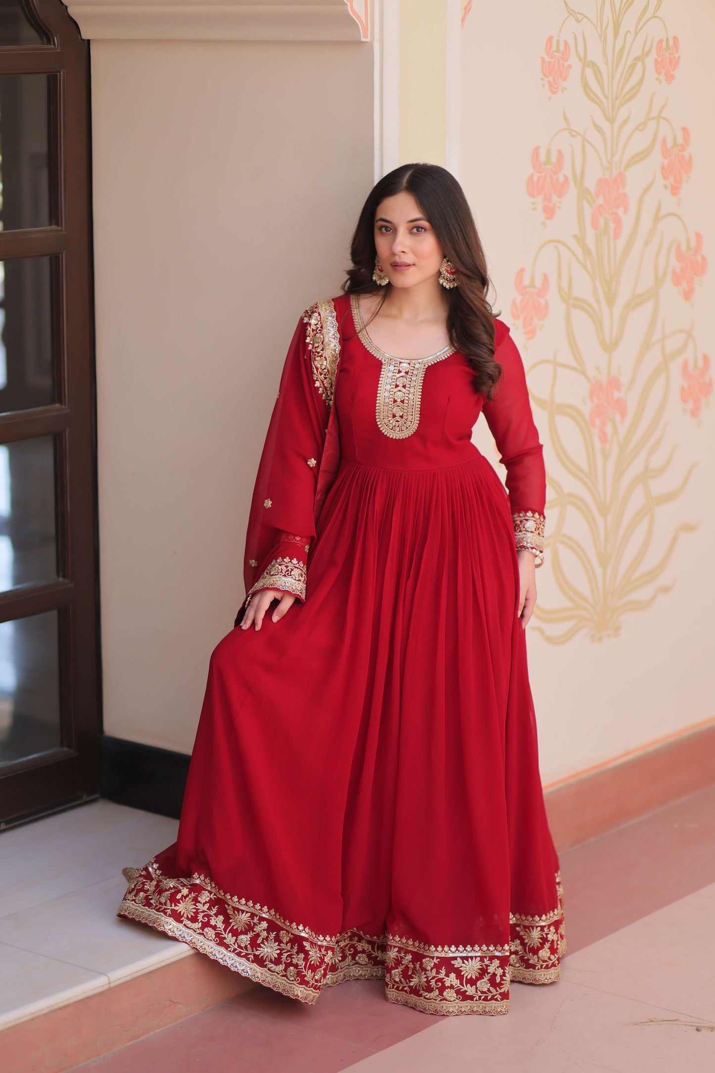 Maroon Premium Faux Blooming Gown with Zari & Sequins Embroidered Dupatta – Designer Collection