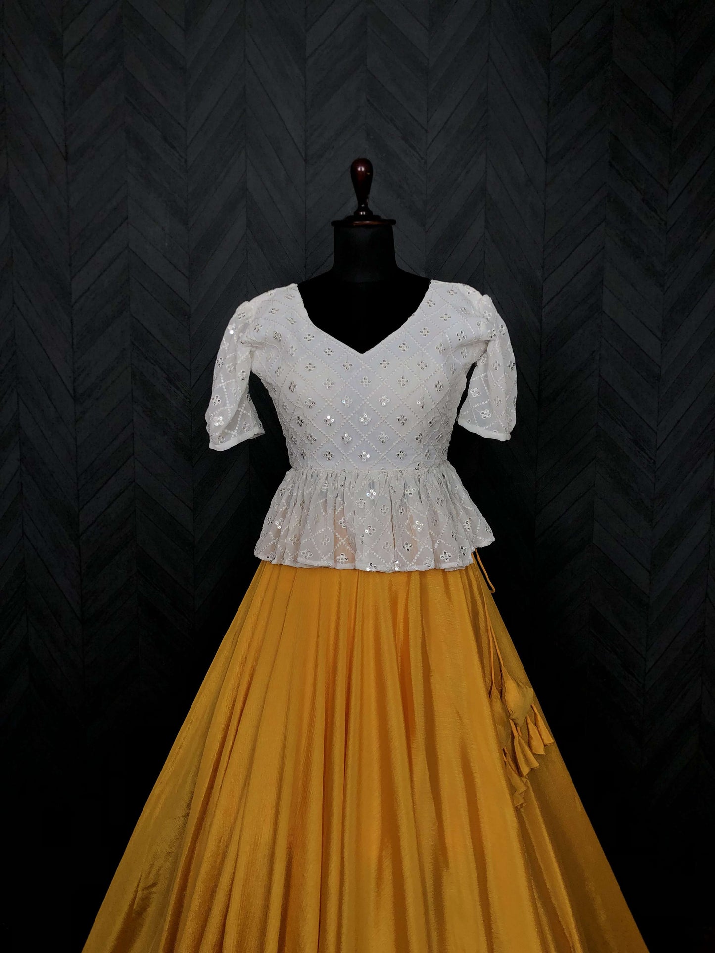 Premium Chinnon Umbrella Flair Lehenga with Chikankari Embroidered Peplum Blouse