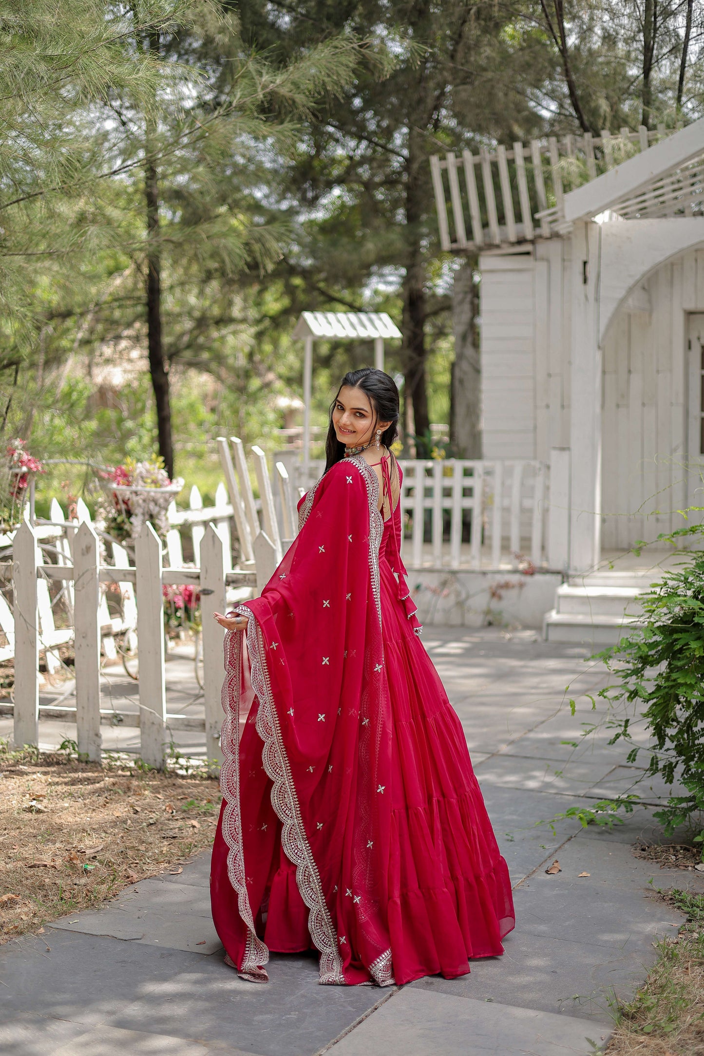 Pink Premium Faux Georgette Designer Gown with Sequined Dupatta  Fully Flaired Ready-to-Wear Set