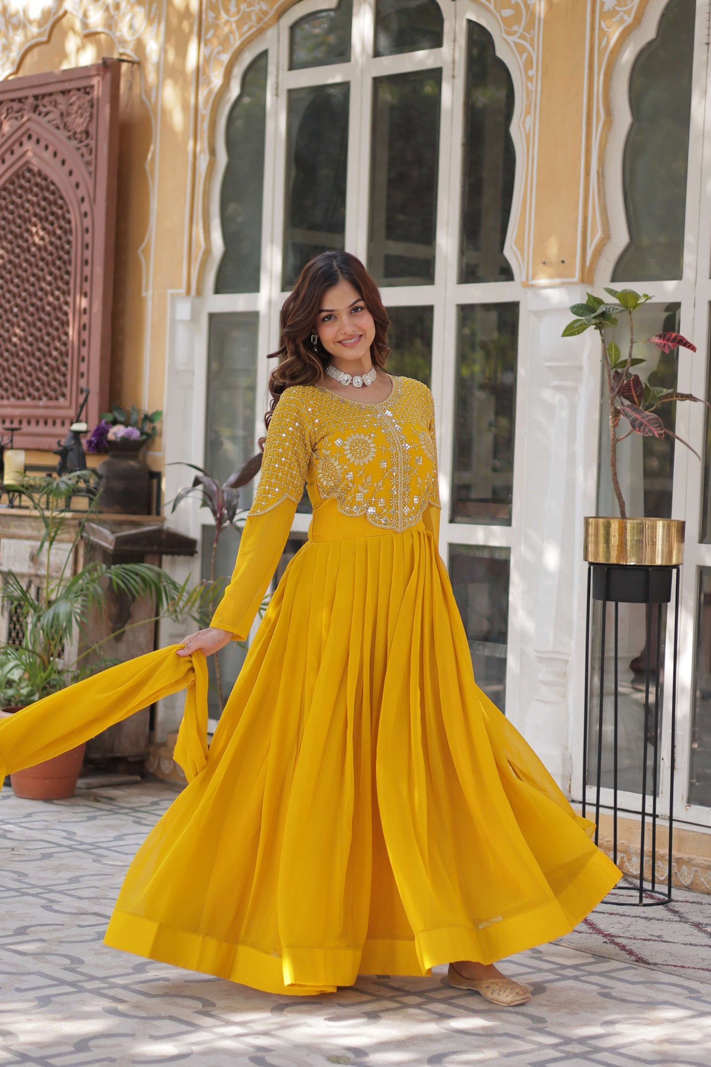Yellow Premium Faux Blooming Georgette Gown with Dupatta – Designer Readymade Collection