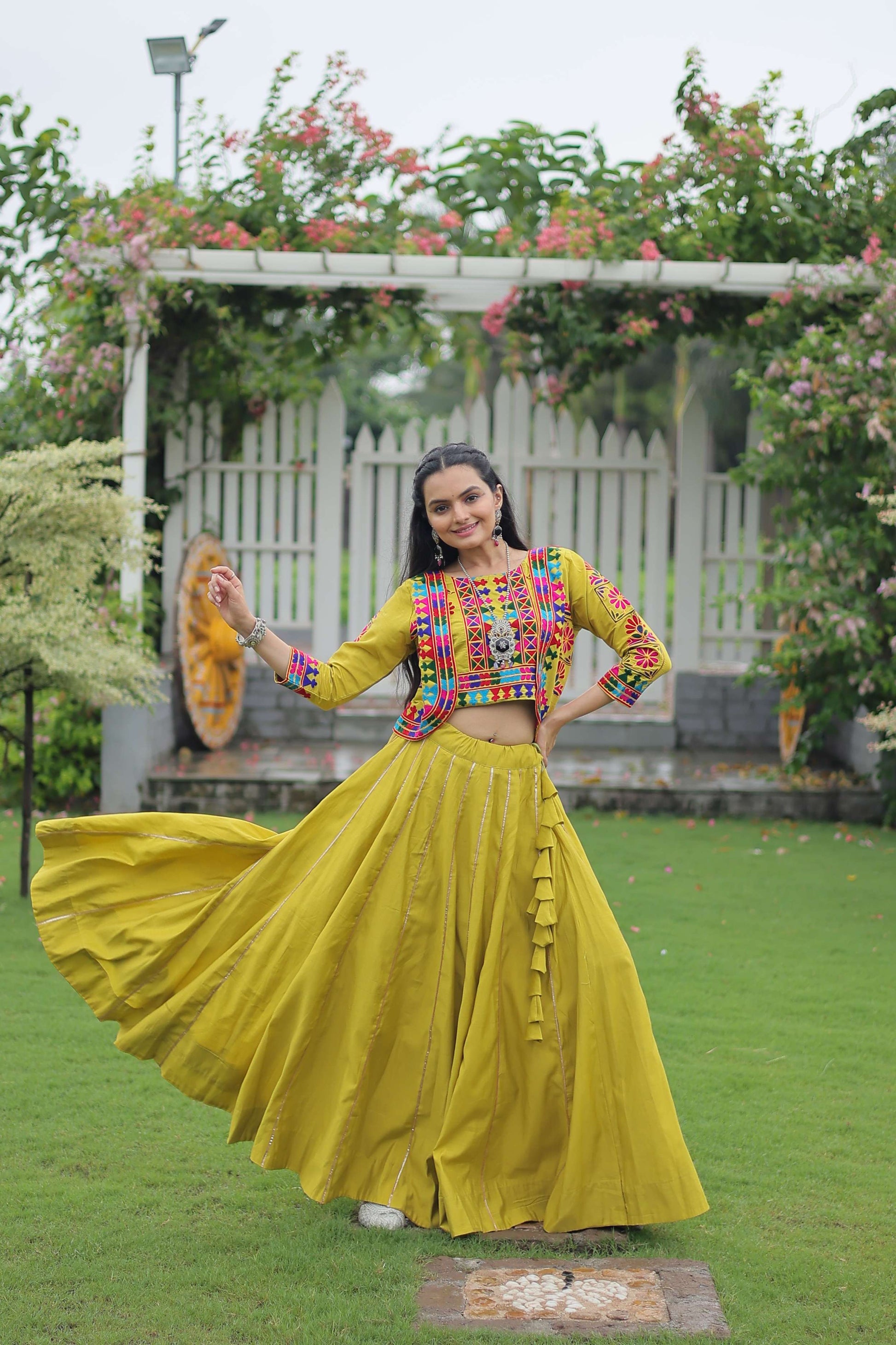 Vibrant Roman Fabric Navratri Lehenga Choli Set with Koti Blouse