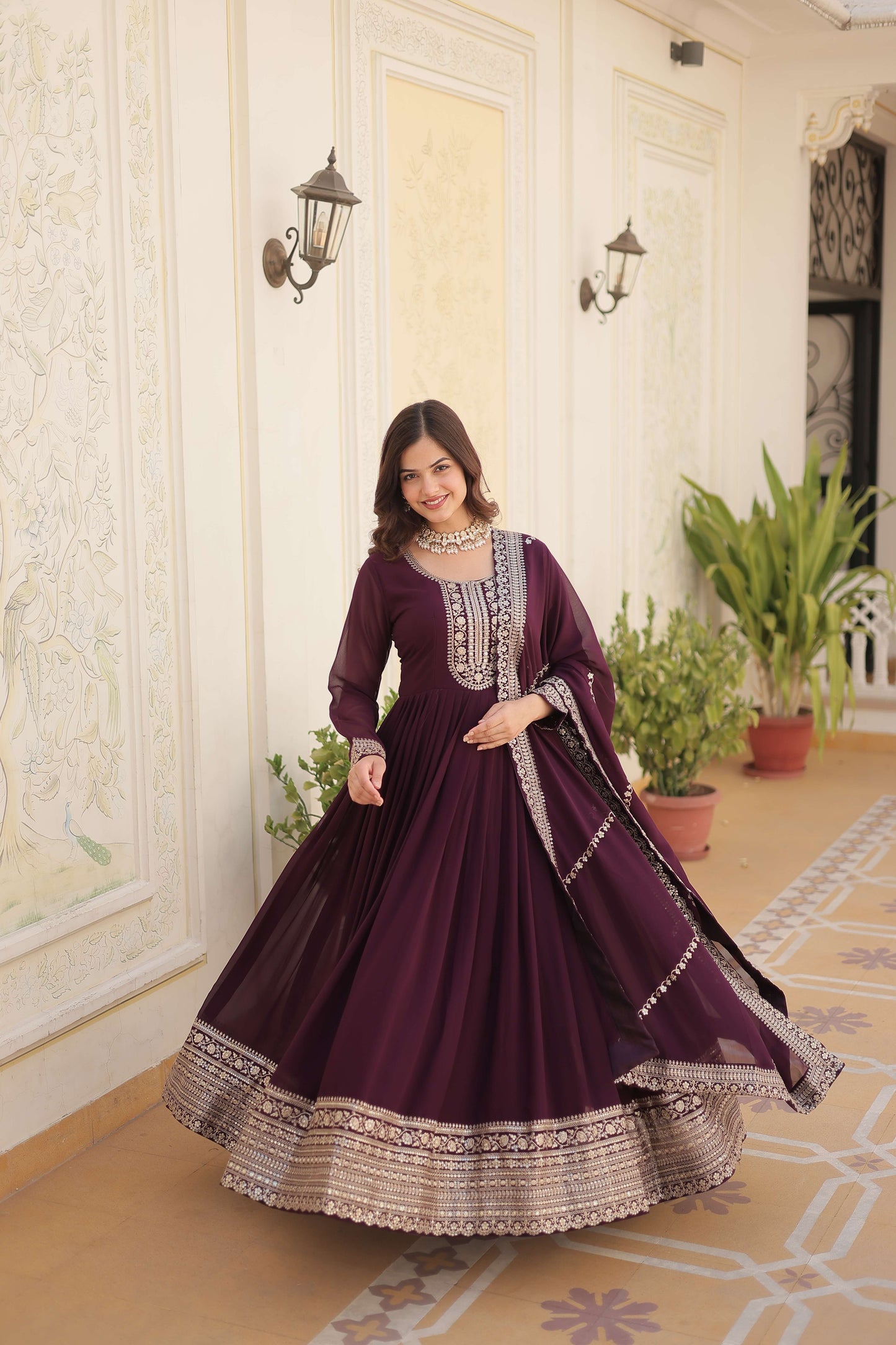 Wine Faux Blooming Sequins Embroidered Gown with Matching Dupatta  Festive & Party Wear 2024