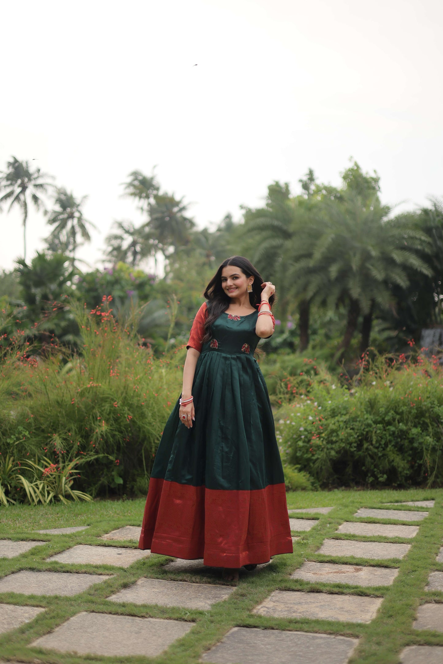 Green Banarasi Jacquard Silk Gown  Elegant Free-Size Designer Party & Wedding Wear