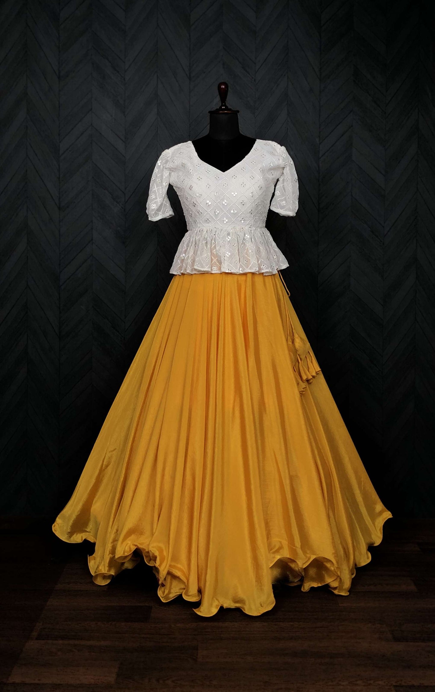 Premium Chinnon Umbrella Flair Lehenga with Chikankari Embroidered Peplum Blouse