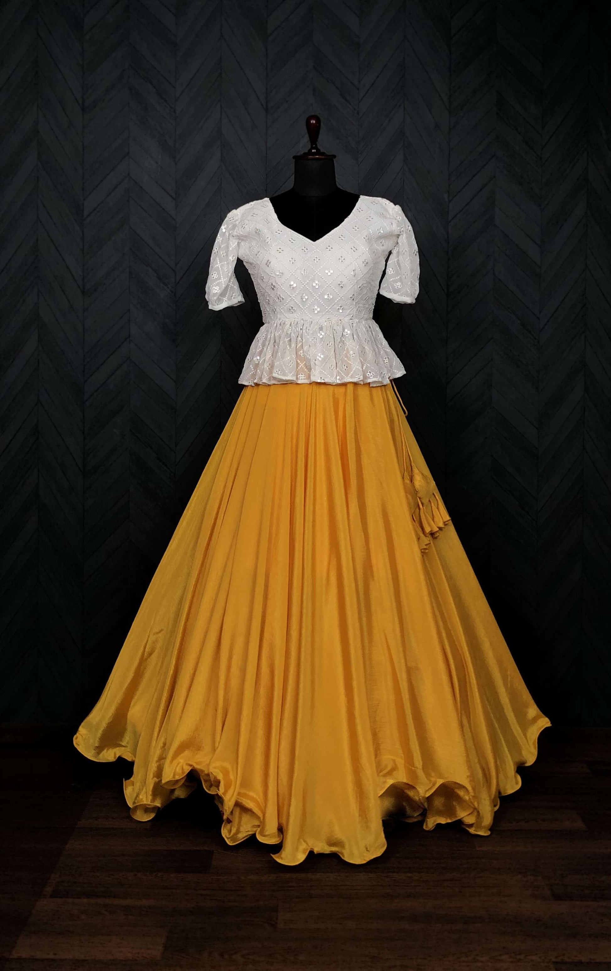 Premium Chinnon Umbrella Flair Lehenga with Chikankari Embroidered Peplum Blouse