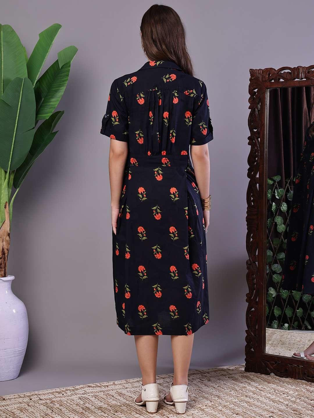 Women's Elegant Indigo & Orange Floral Block Print Cotton Shirt Dress
