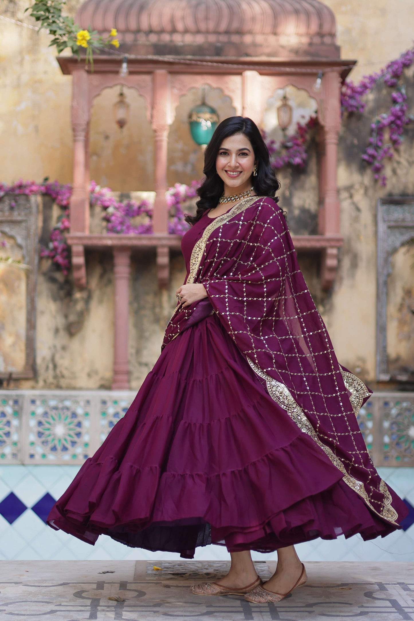 Wine Star Georgette Fully Flared Gown with Sequins Embroidered Dupatta