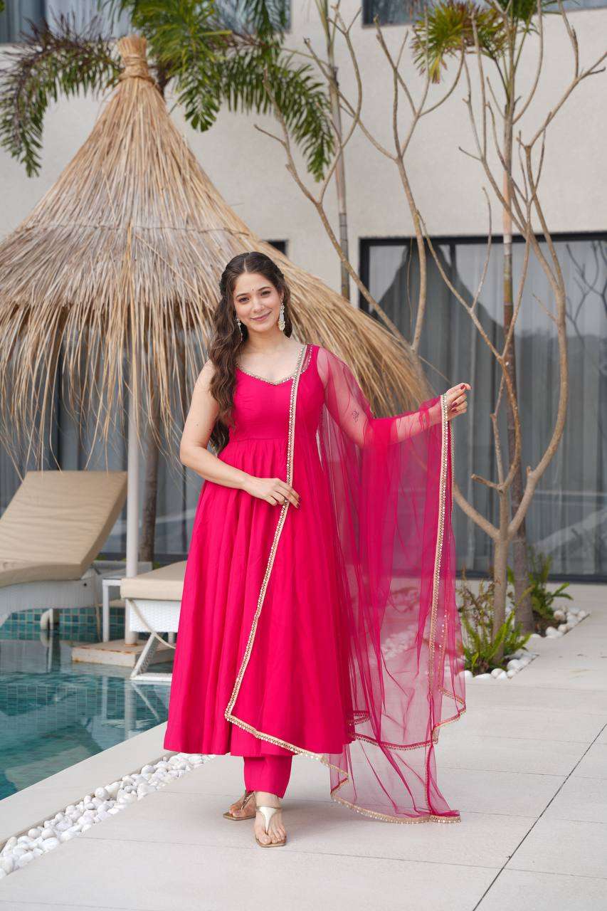 Womens Pure Romansilk Chanderi Anarkali Kurti with Pant & Dupatta Set