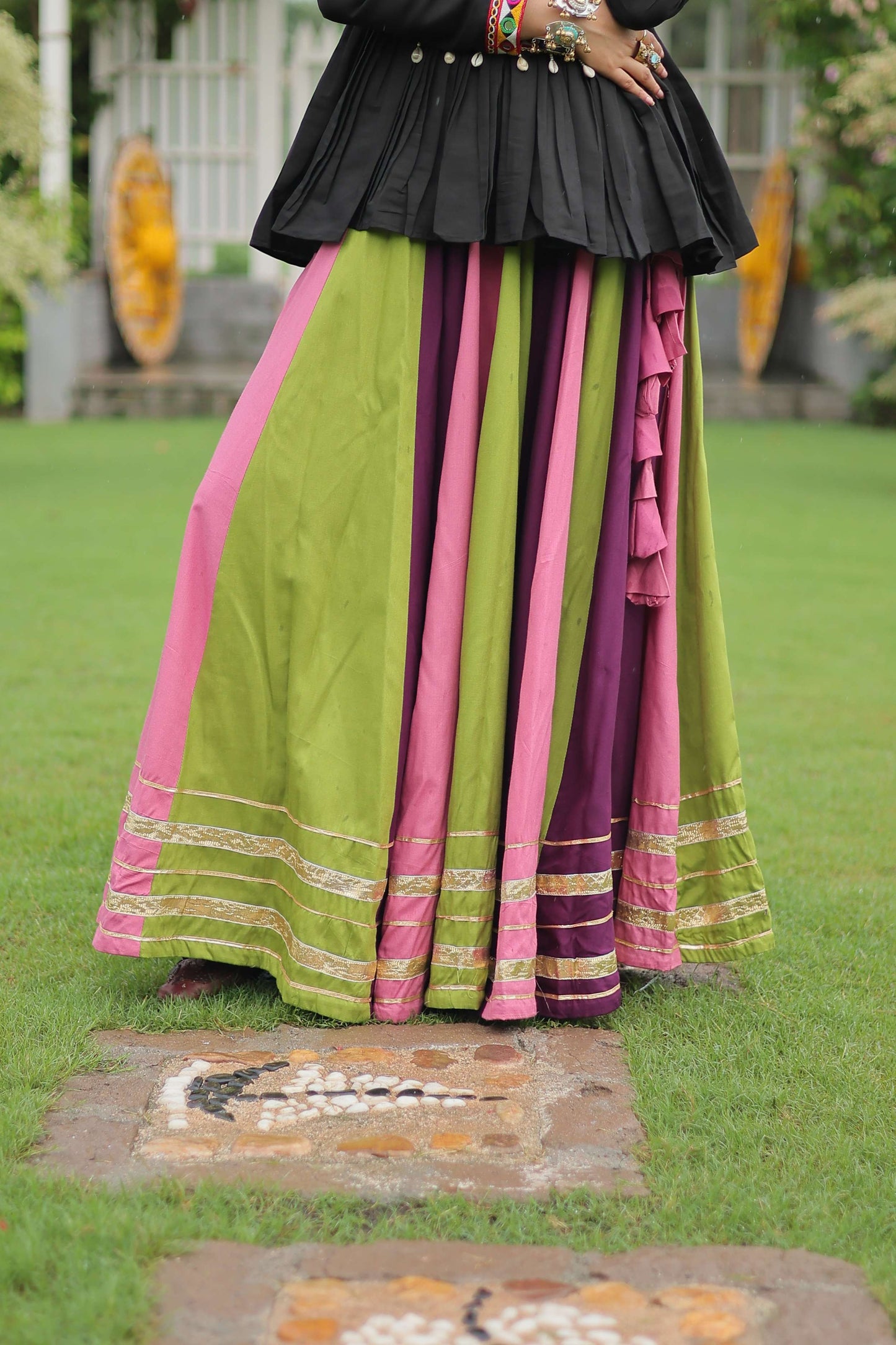 Multicolor Navratri Lehenga Choli Set with Black Peplum Top