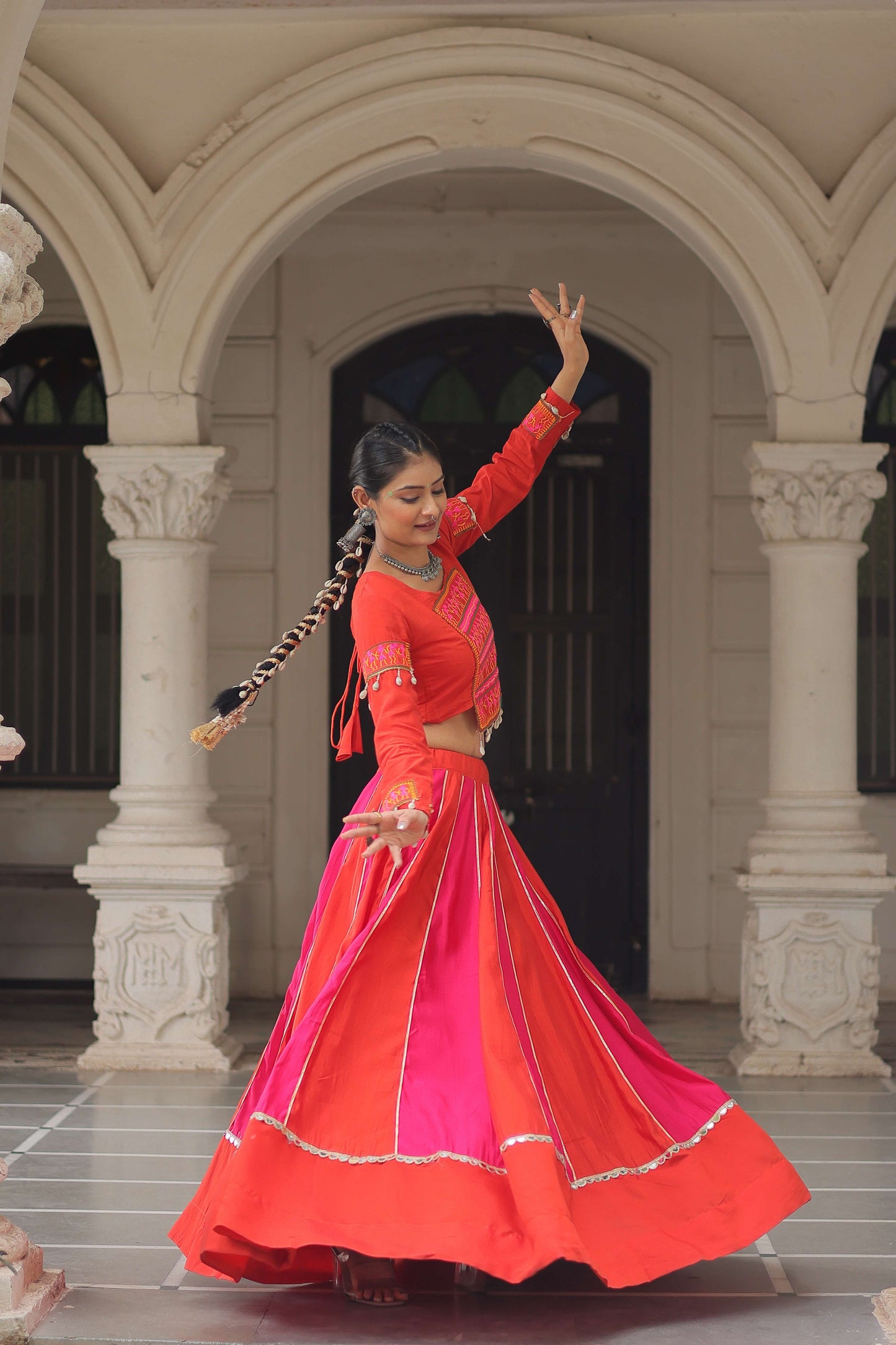 Roman Fabric Mirror-Embellished Navratri Lehenga Choli Set