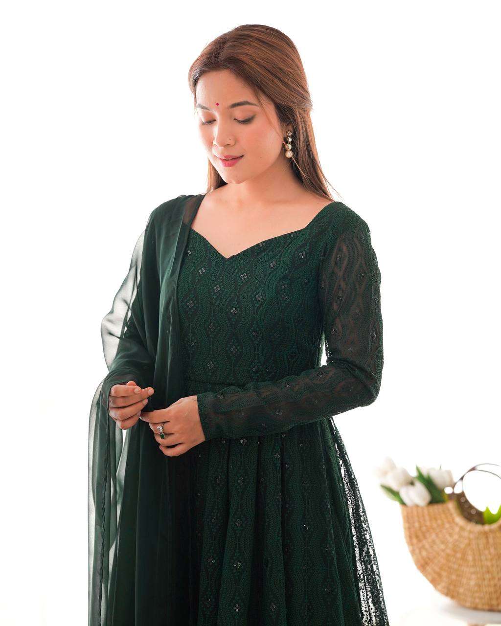 Womens Pure Romansilk Chanderi Embroidered Anarkali Kurti With Dupatta & Pant Set