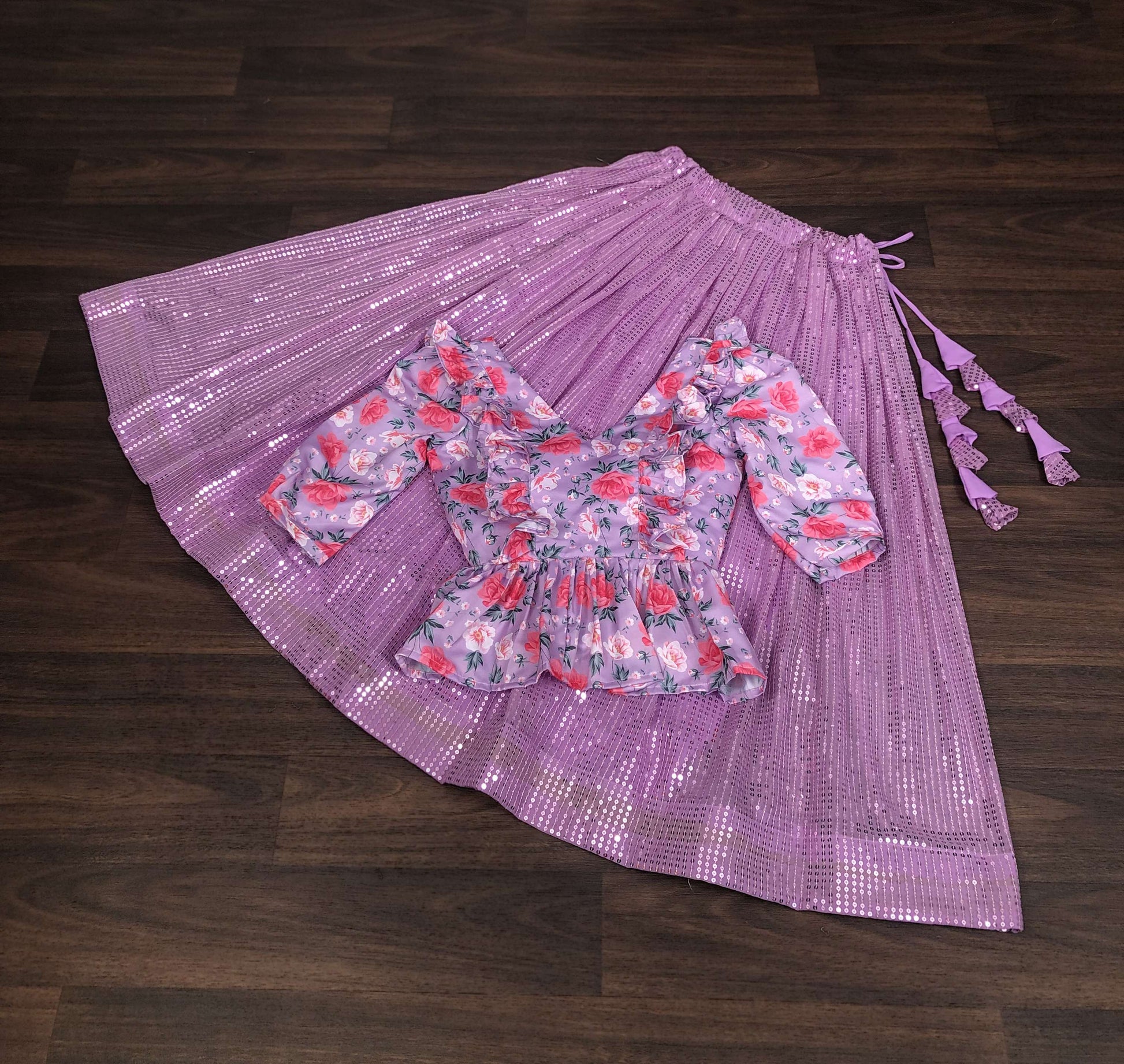 Premium Embroidered Sequins Lehenga Choli with Floral Blouse