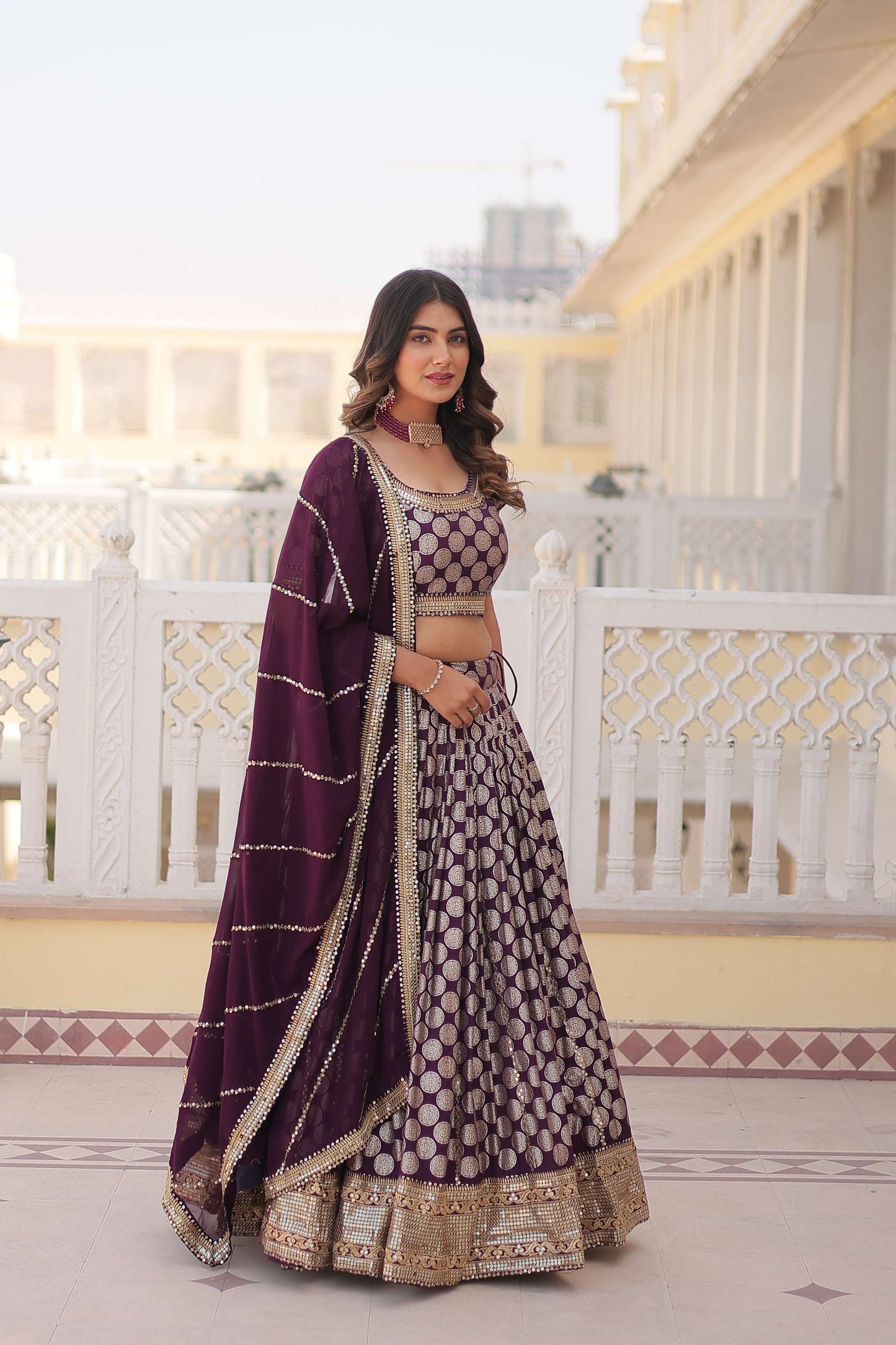 Designer Dyable Viscose Jacquard Lehenga Choli with Sequins Dupatta