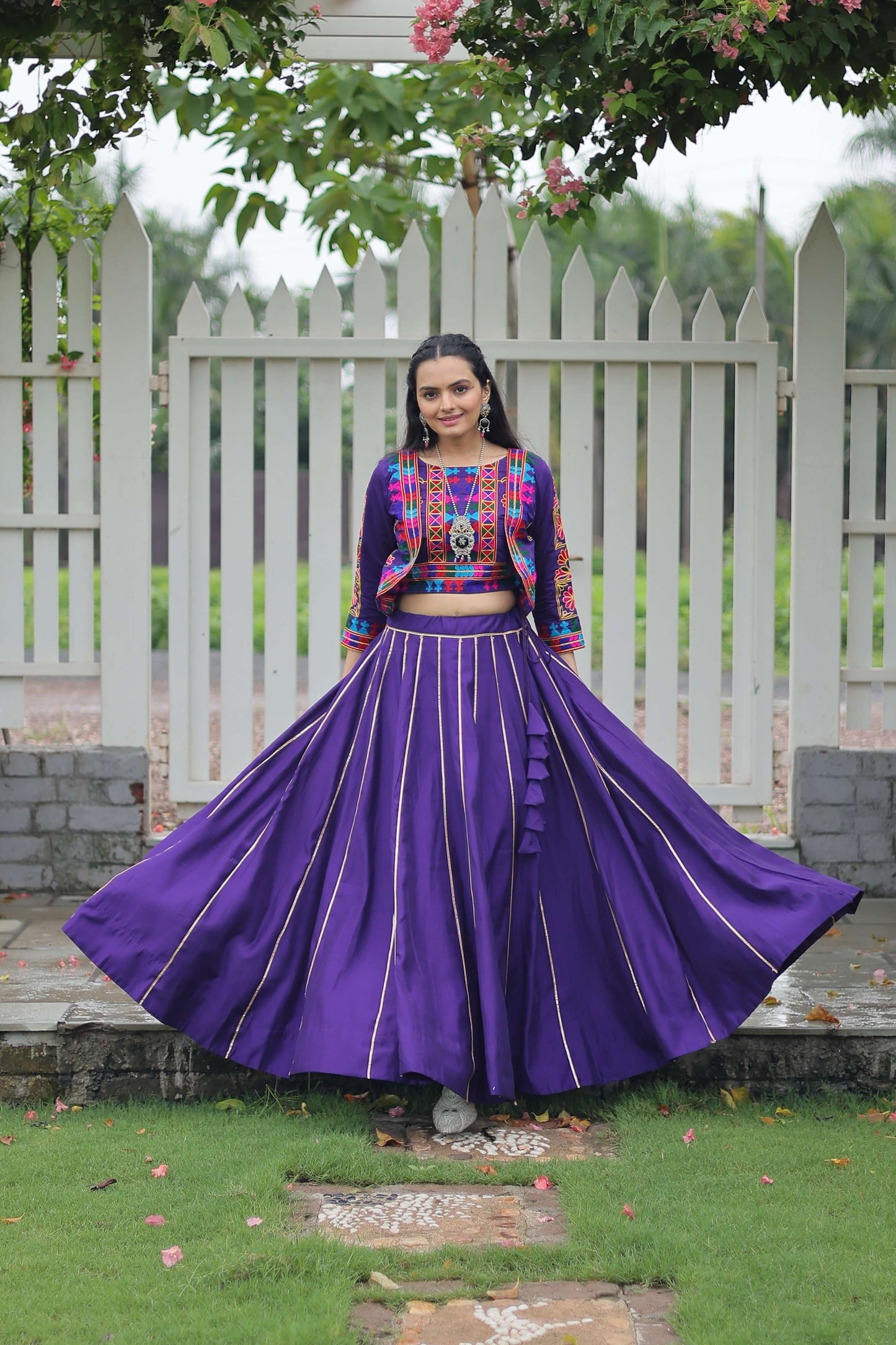 Vibrant Roman Fabric Navratri Lehenga Choli Set with Koti Blouse