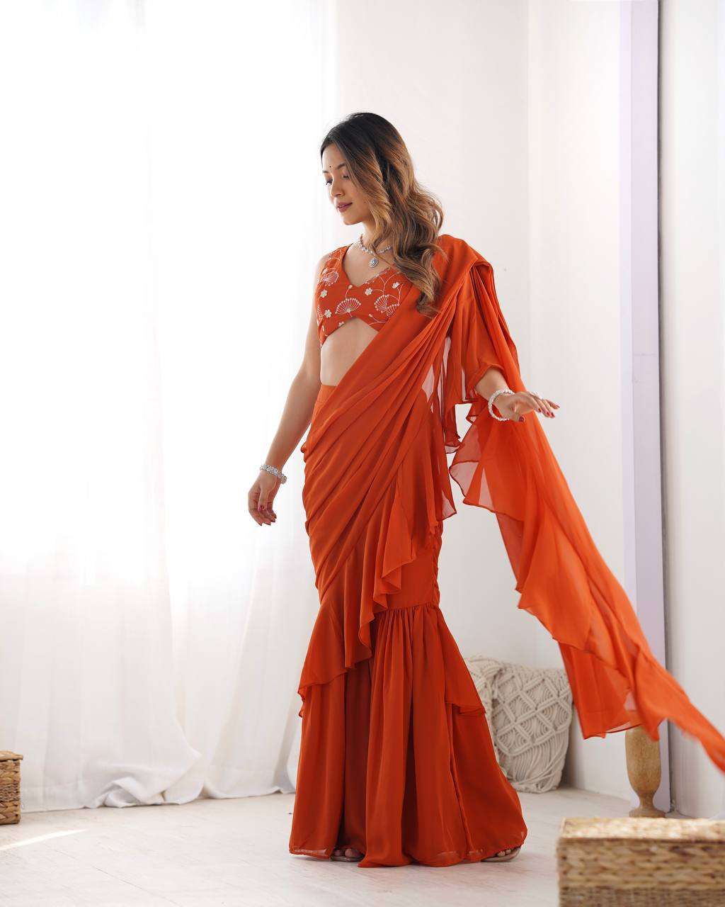 Women's Pure Romansilk Chanderi Embroidered Crop Top With Ruffled Sharara & Draped Dupatta Set