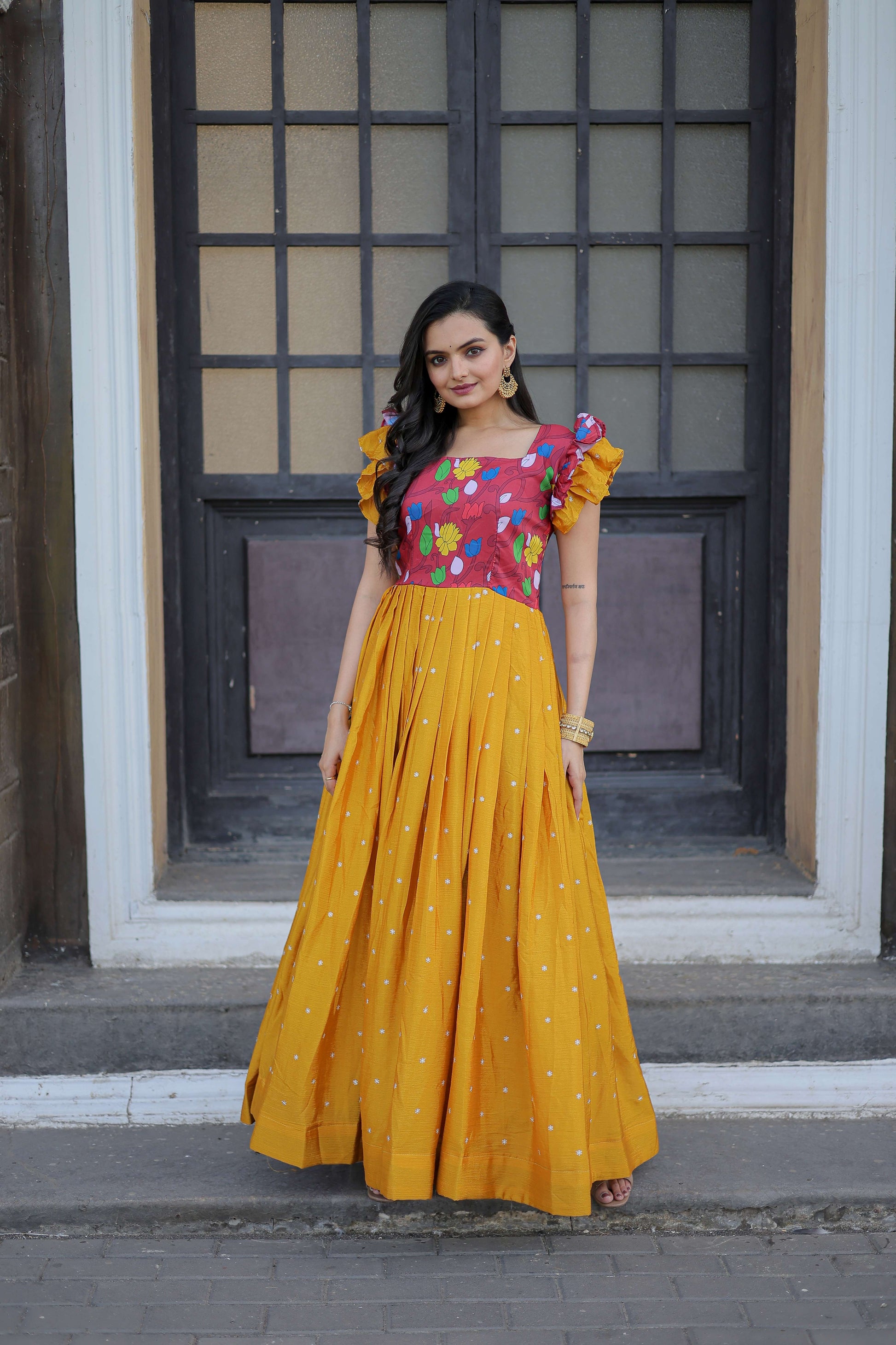 Yellow Maslin & Chinon Designer Gown with Embroidery  Elegant Ready-to-Wear Womens Dress